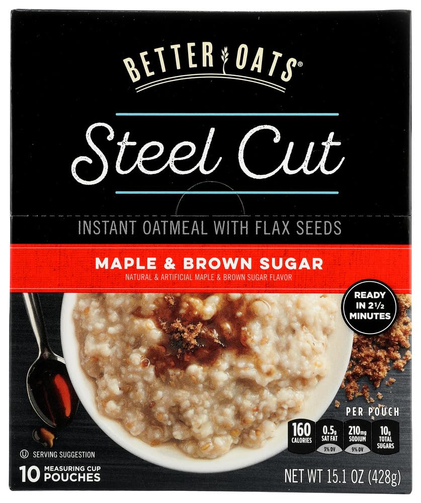 Better Oats Oat Revolution! Instant Steel Cut Oatmeal - Maple & Brown Sugar Flavor - 10 Single-Serve Pouches per Box (Pack of 3) - Quick Breakfast, Office Snack & Healthy Meal Replacement