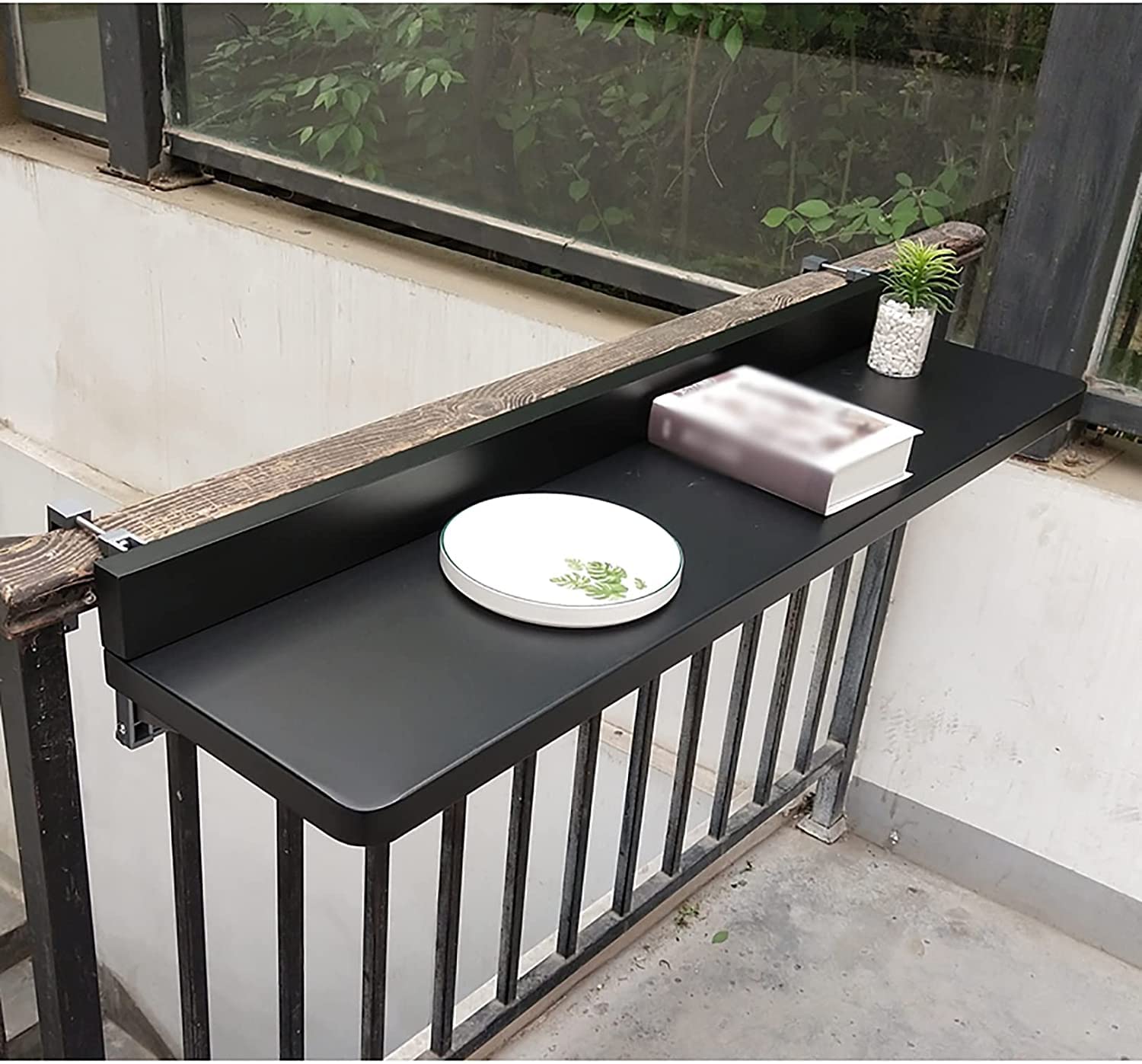Balcony Hanging Table - Folding Railing Mounted Table for Outdoor, Garden, Deck - Counter Height (80x40cm) Black - Perfect for Small Space Dining, Coffee Break & Relaxing on Balcony