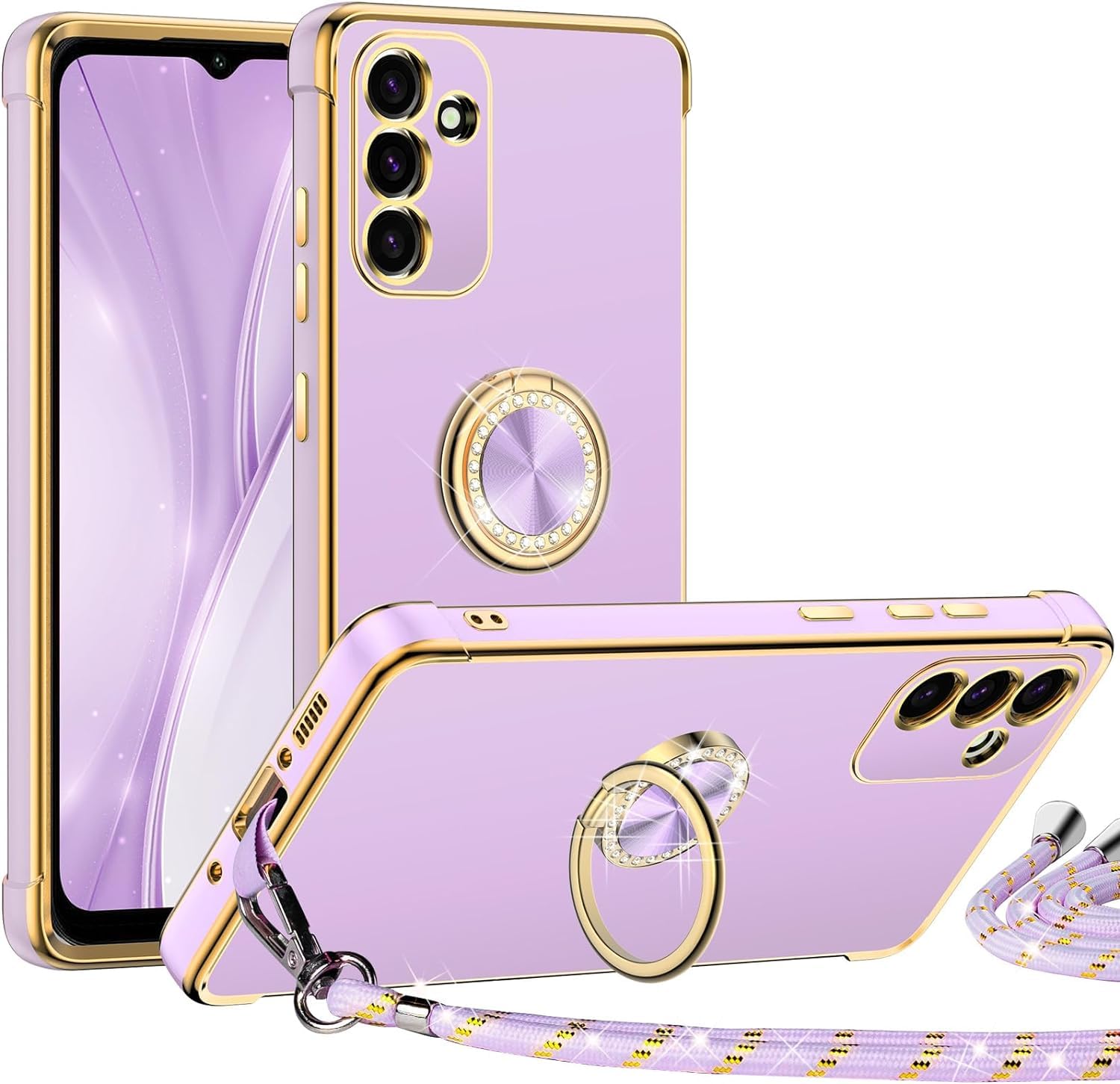 Luxury Electroplated Samsung Galaxy S24 Plus Case with Ring Holder & Lanyard - Soft Shockproof Protective Cover for Women & Girls (Purple) - Perfect for Work, Travel, and Everyday Use