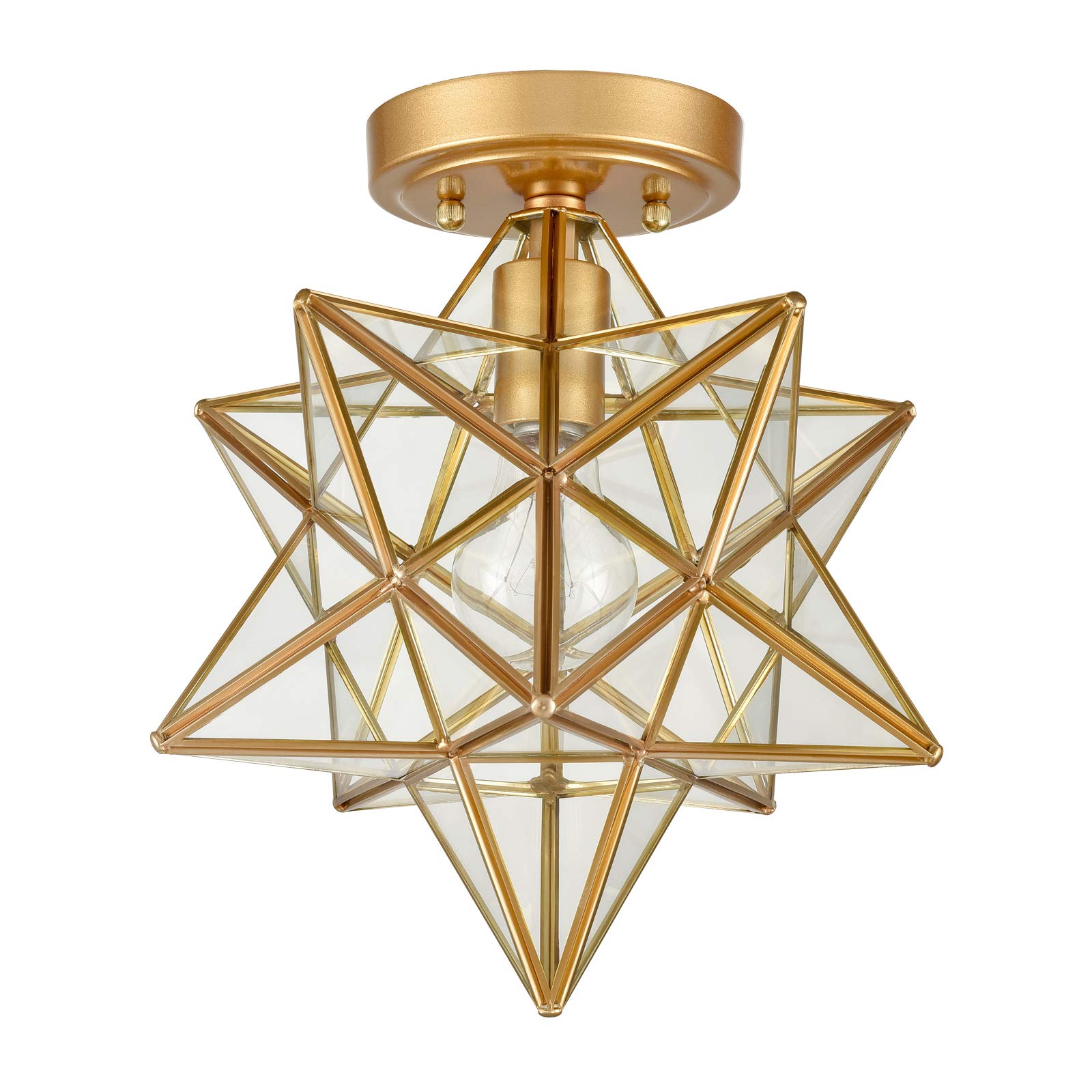 Brass Moravian Star Flush Mount Ceiling Light with Clear Glass - Vintage Industrial Pendant Lighting for Bedroom, Living Room, Dining Room & Hallway