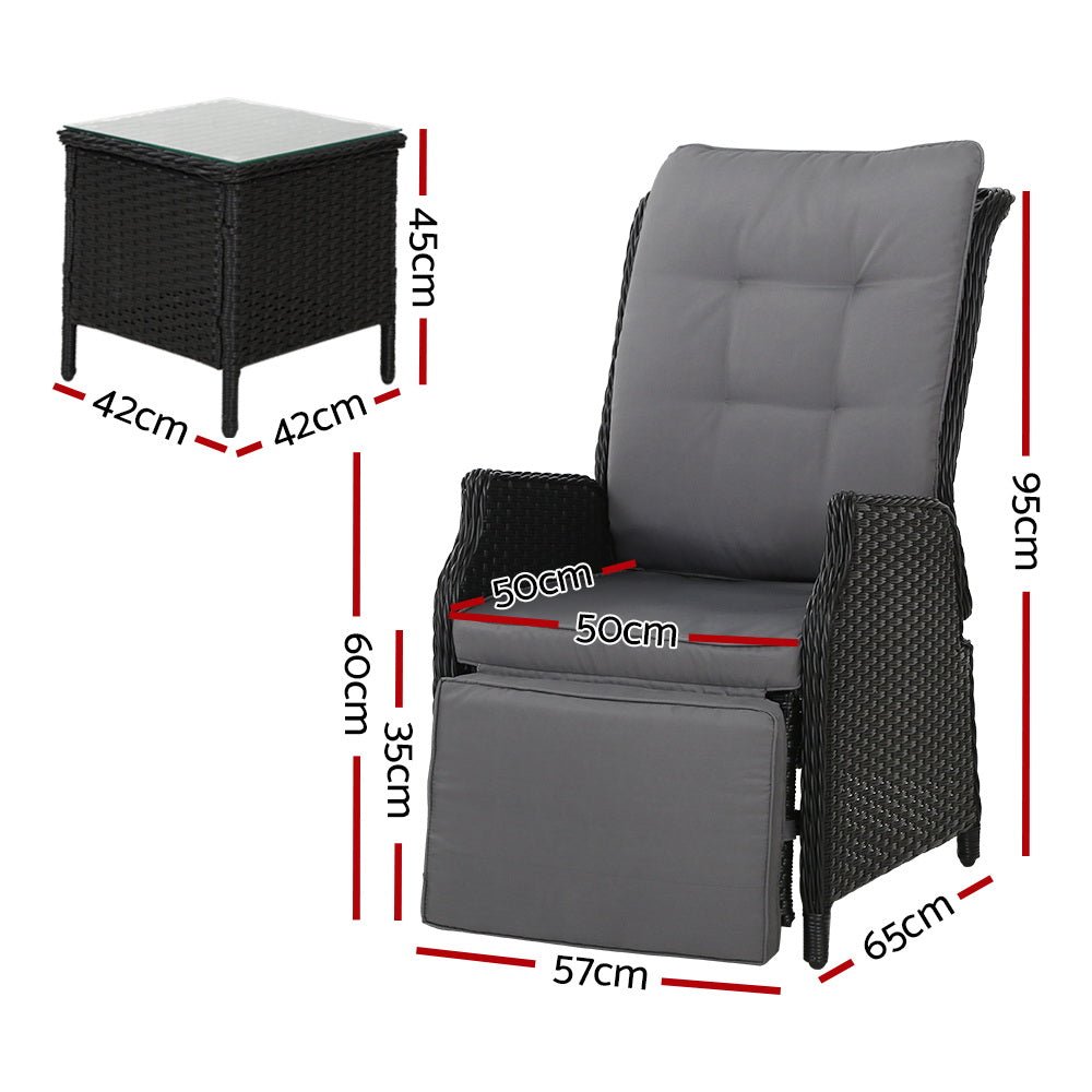 Elara Outdoor Recliner Patio Chairs with Side Table - Adjustable Lounge Chair for Backyard, Poolside & Garden Relaxation - Weather-Resistant Black Furniture Set