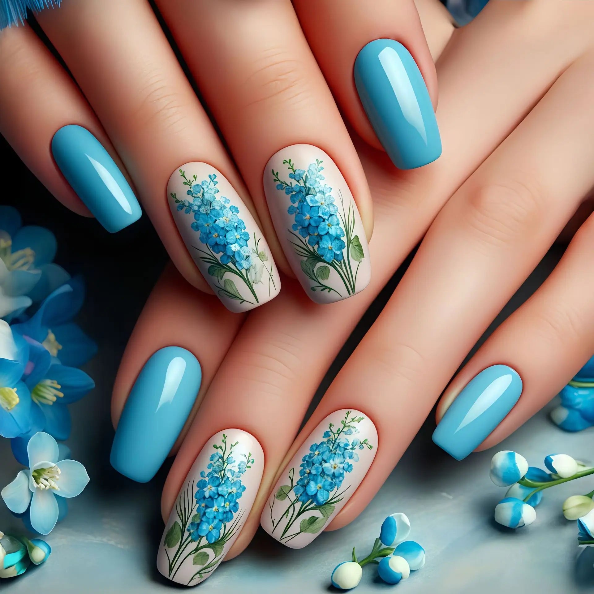 24Pcs Medium Length Press on False Nails - Ballet Blue Floral Design Fake Nails Set, Detachable Artificial Nails for Spring Summer Manicure | Perfect for Parties, Weddings, Date Nights & Special Occasions