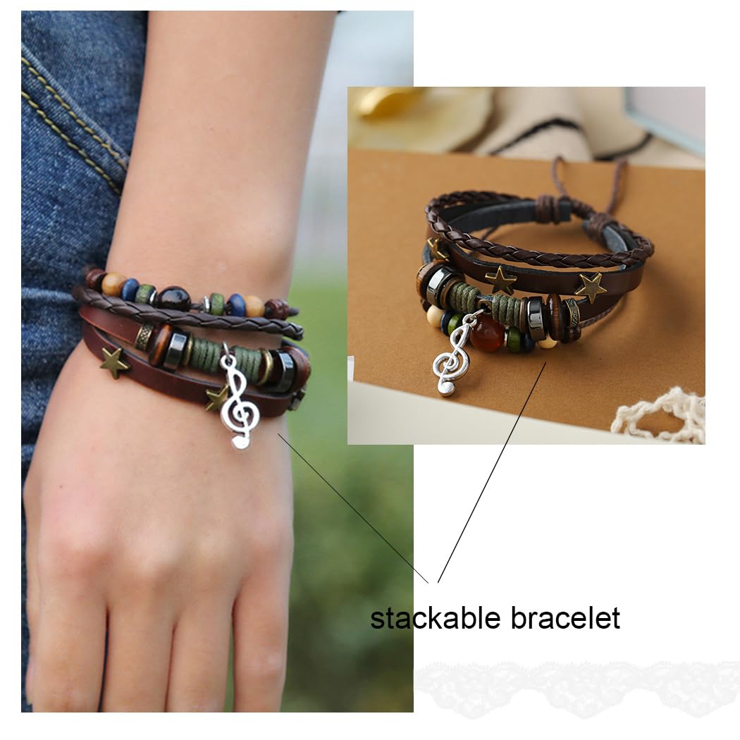 Braided Leather Beaded Bracelet for Women & Men - Stackable Black Music Bracelet - Perfect for Concerts, Festivals, and Everyday Boho Style
