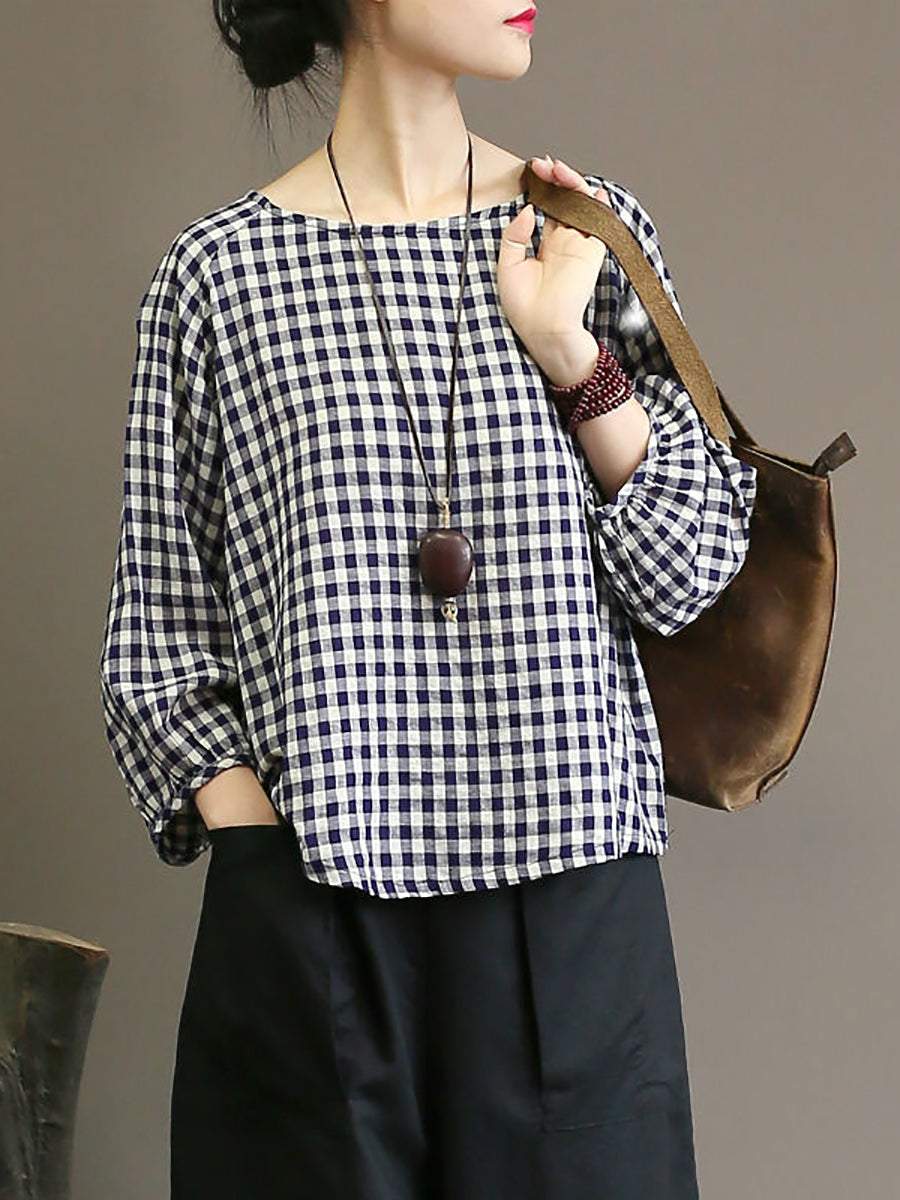 Plus Size Women's Summer Vintage Plaid Loose Pullover Linen Shirt - Casual Comfortable Oversized Blouse for Beach, Vacation & Everyday Wear