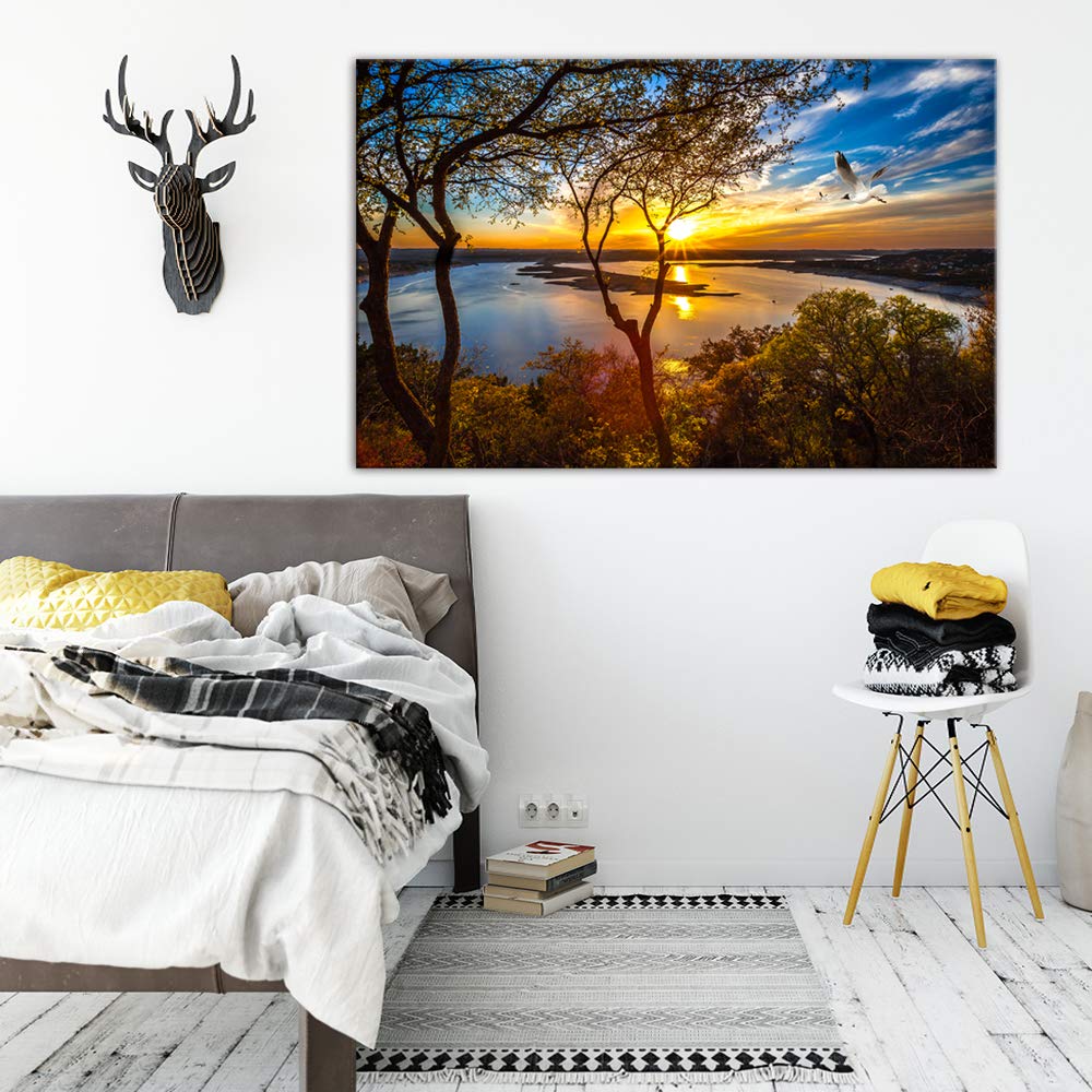 AMEMNY Sunrise and Birds Flying On The Lake Canvas Wall Art - Ready to Hang Home & Office Decor for Living Room, Bedroom, or Workspace
