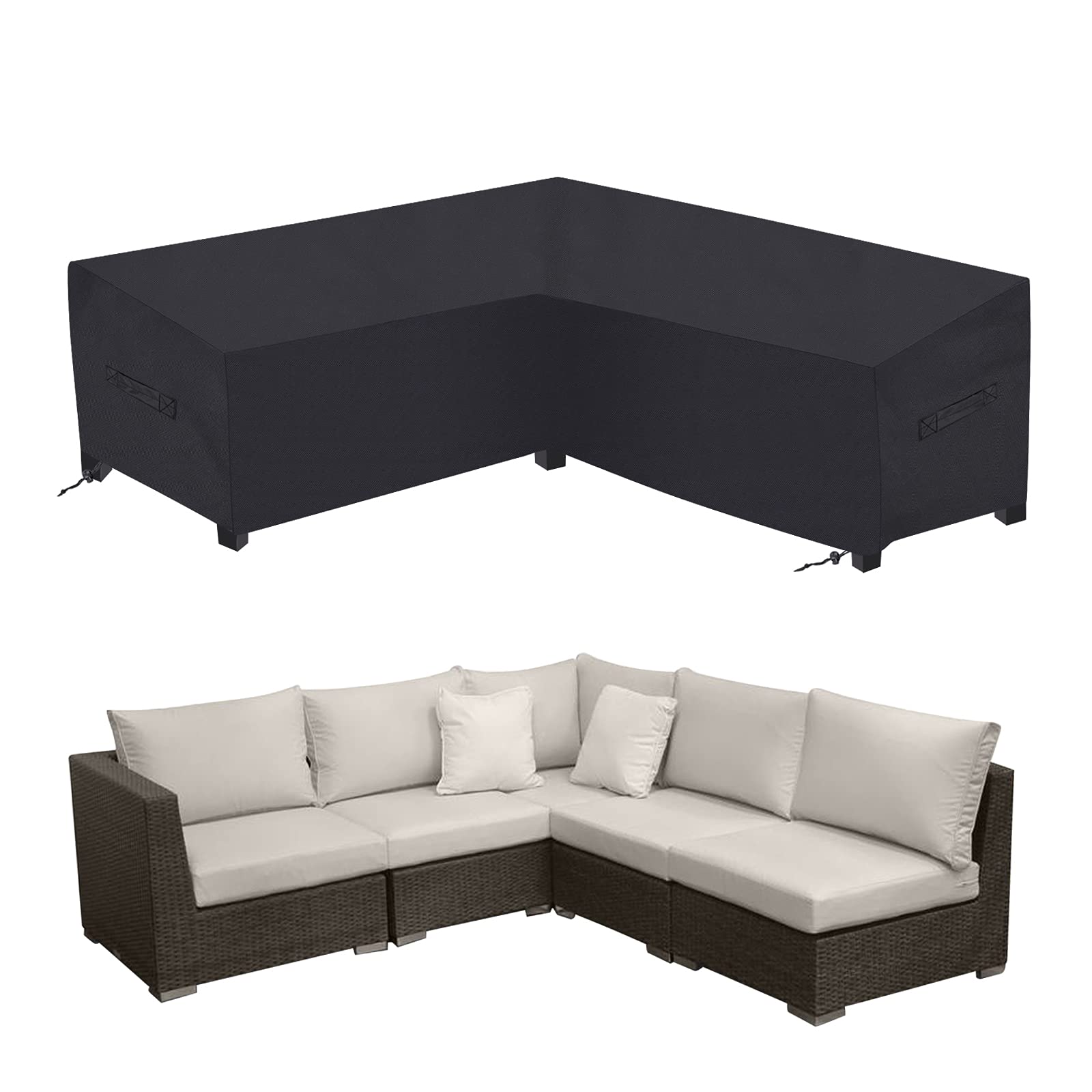 Waterproof 420D Outdoor Patio Sectional Sofa Cover - Windproof V-Shaped Furniture Protector (106