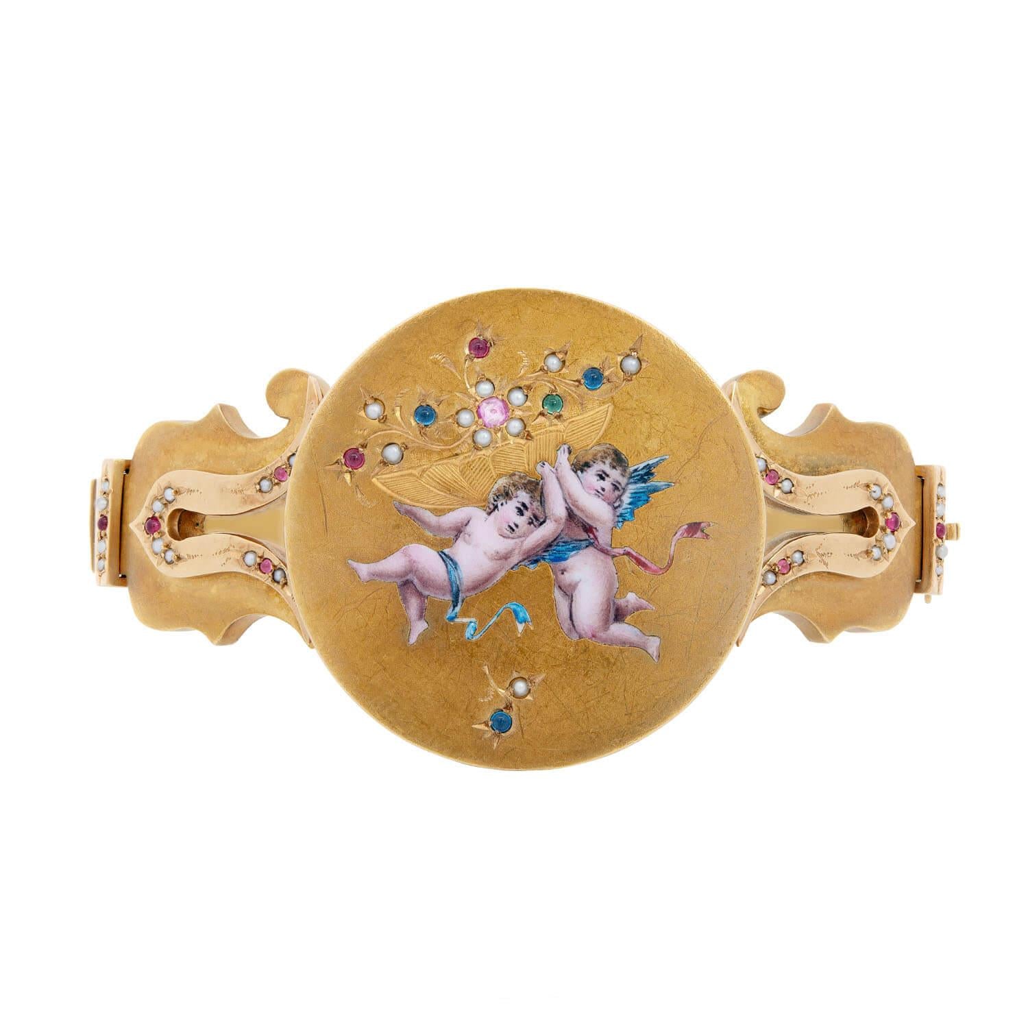 Victorian 18k Gold Bangle with Ruby, Sapphire, Emerald & Pearl Enameled Cherub Design - Elegant Antique Jewelry for Weddings, Parties & Special Occasions