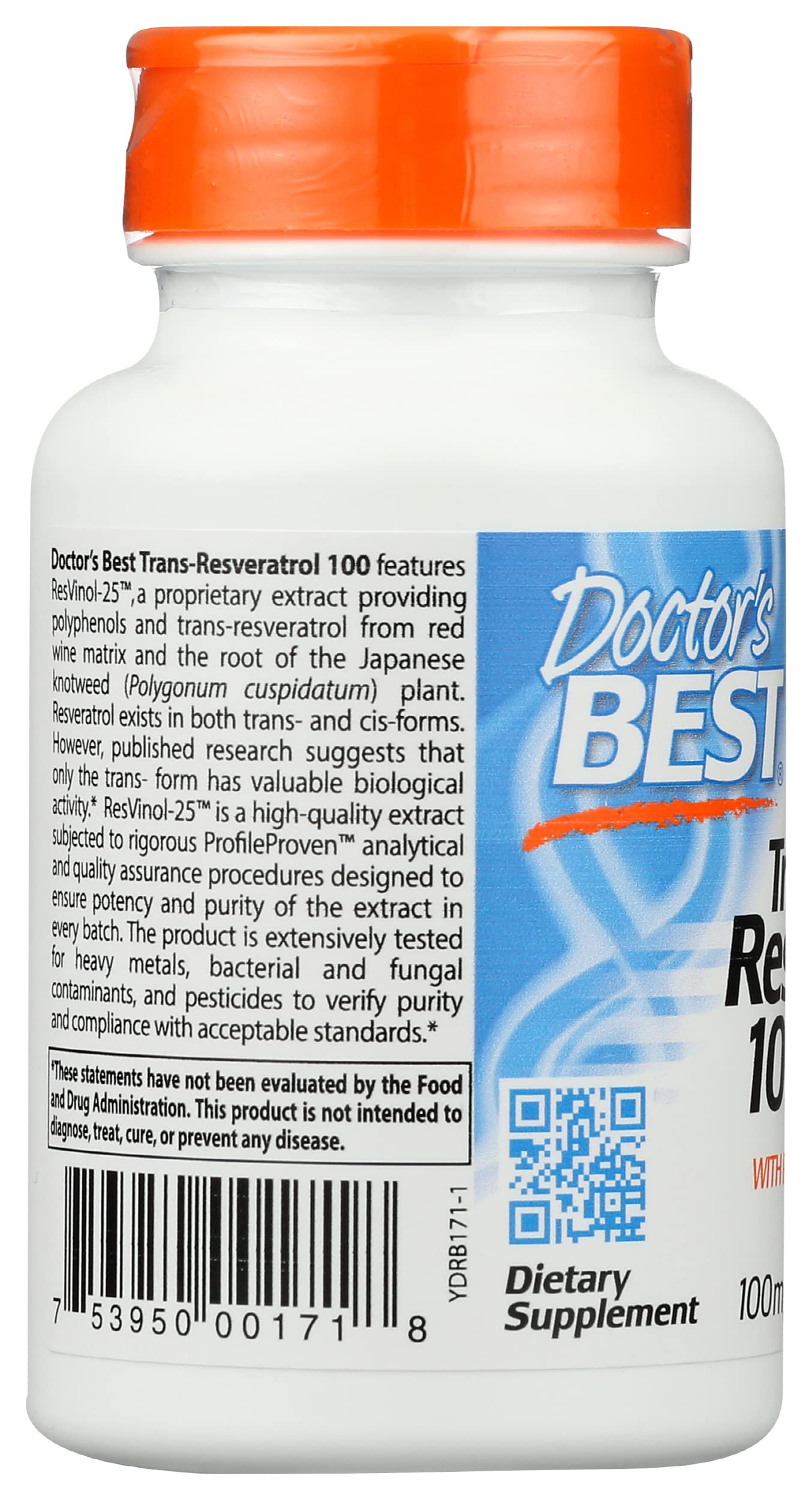 Doctor's Best Trans Resveratrol with ResVinol 25 - 100mg Resveratrol Supplement (60 Vegan Capsules) for Heart Health & Anti-Aging - Supports Cellular Function & Antioxidant Protection