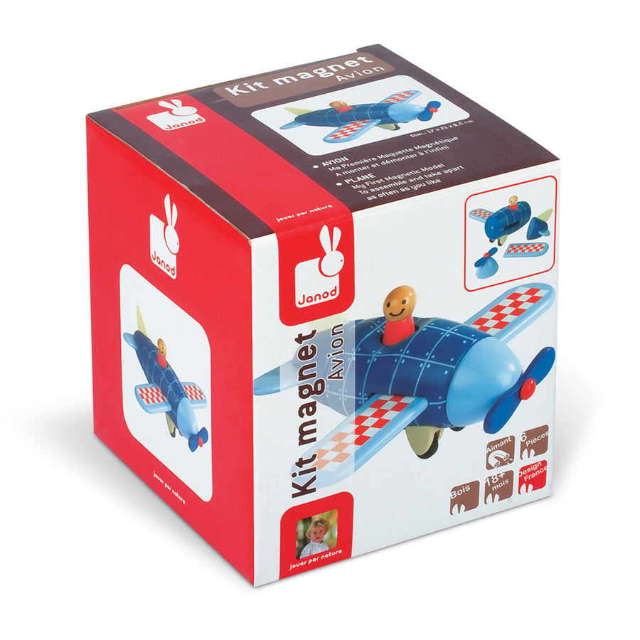Janod Magnetic Wooden Toy Plane for Kids - Educational Airplane Toy with Magnetic Parts - Perfect for Toddler Learning & Playtime Fun