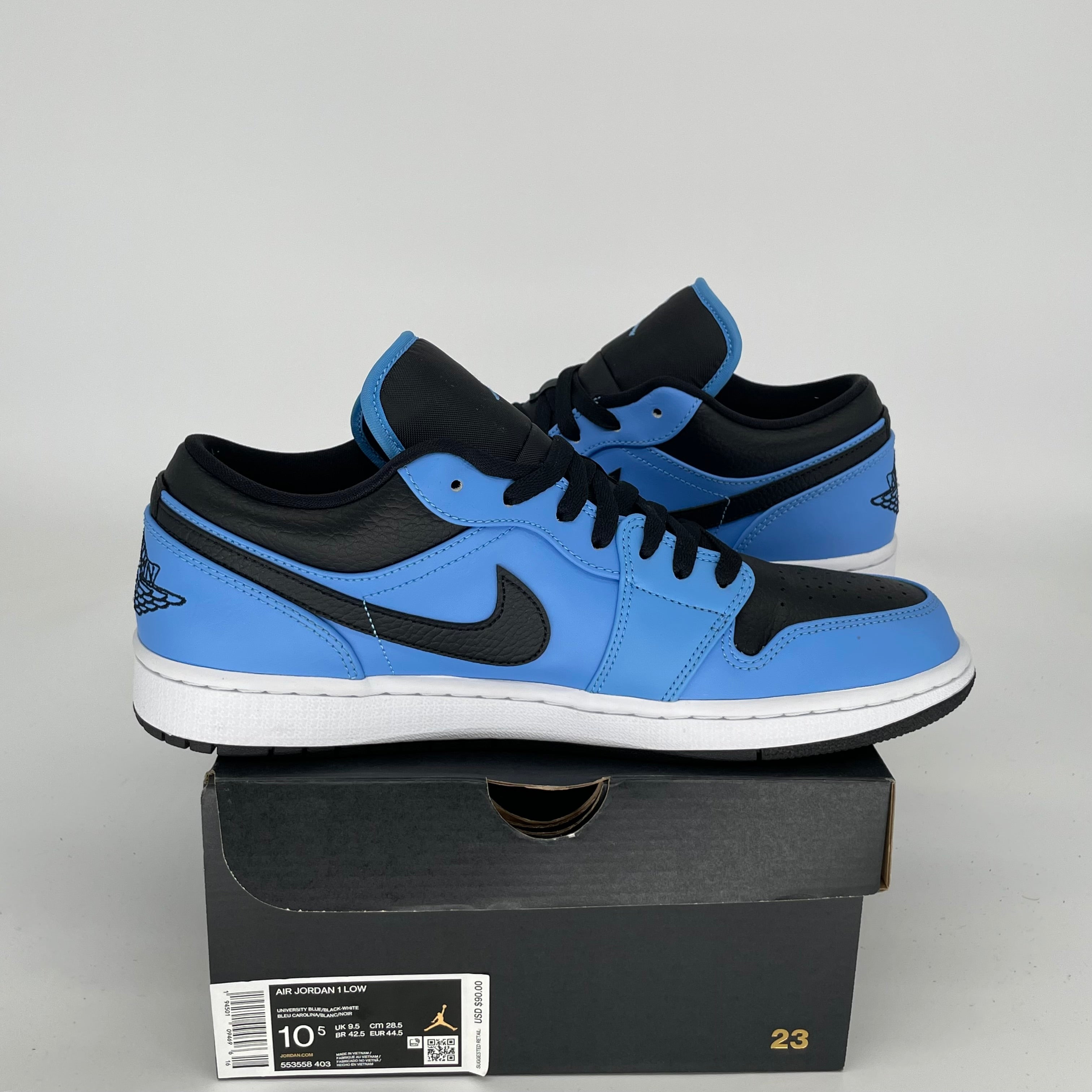 AIR JORDAN 1 LOW UNIVERSITY BLUE BLACK SNEAKERS - MEN'S SIZE 10.5 (553558-403) | Retro Basketball Shoes for Casual Wear & Street Style
