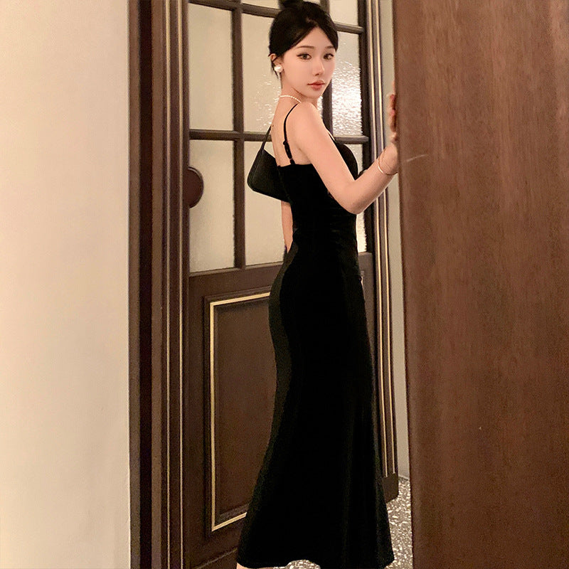 Elegant French Retro Lace Dress - Sexy Black Mermaid Maxi Skirt with Spaghetti Straps | Perfect for Evening Parties, Weddings & Romantic Dates