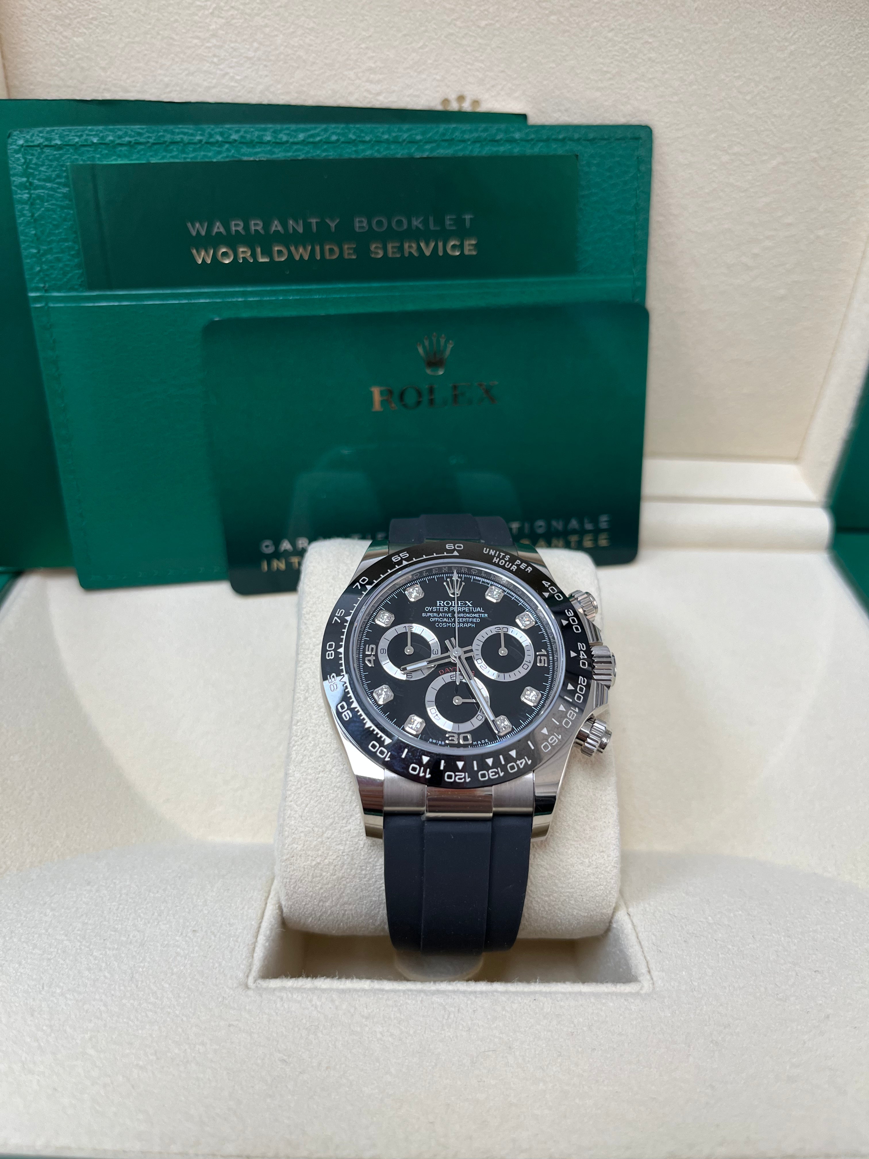 Rolex Daytona Cosmograph 116519LN - 40mm White Gold Watch with Black Diamond Dial & Oysterflex Band | Luxury Chronograph for Men | Perfect for Business, Gala Events & Collectors