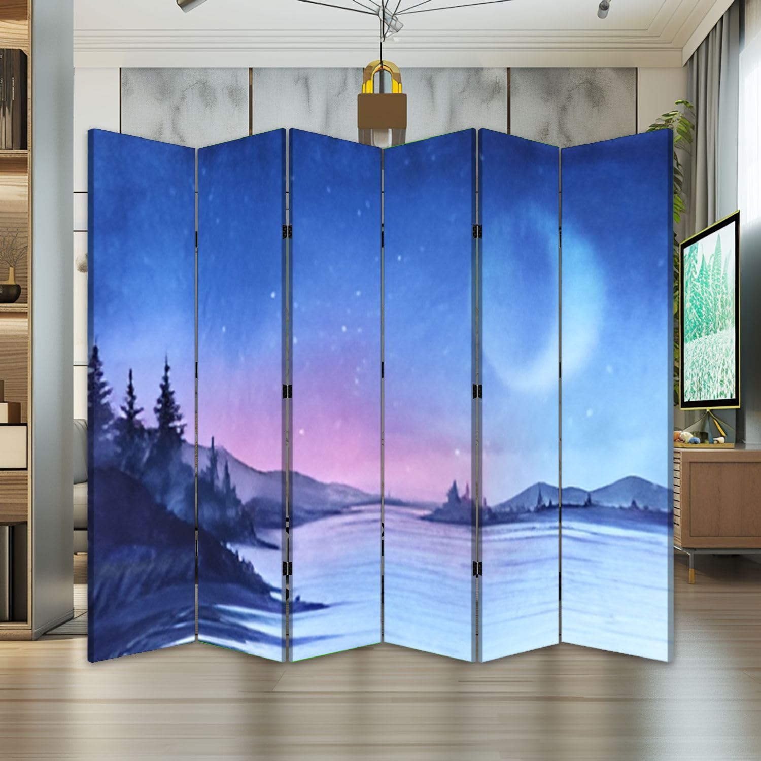 6-Panel Folding Room Divider with Evening Landscape Forest Lake Design - Freestanding Privacy Screen for Home Office, Bedroom Partition & Indoor Space Separator - Perfect for Creating Private Workspaces, Nursery Dividers, and Studio Protection