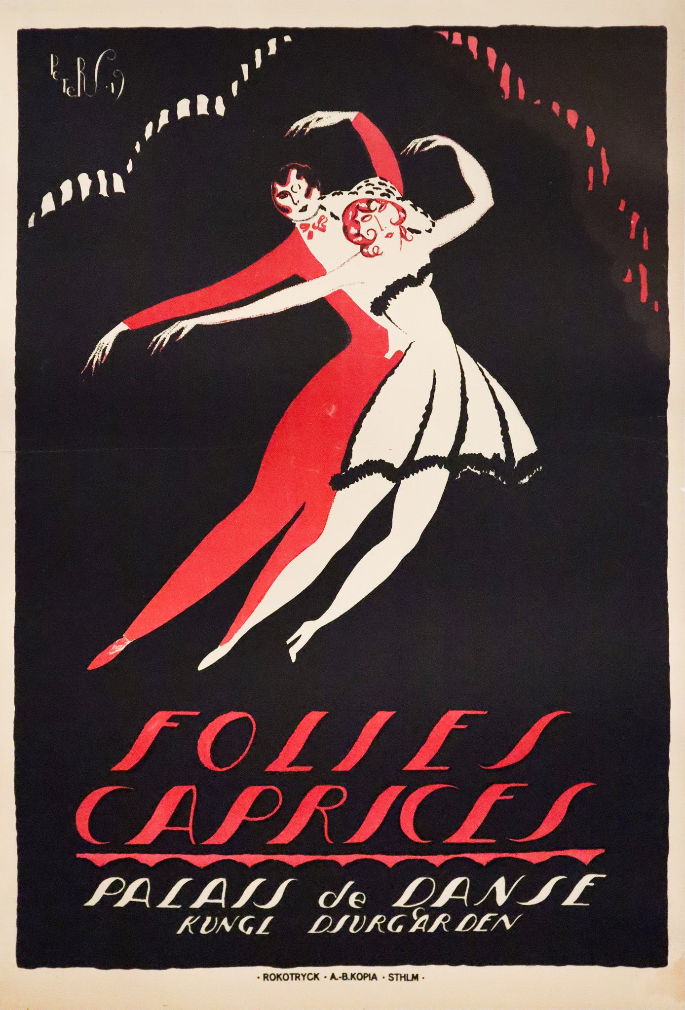 1919 Swedish Dance Poster - Folies Caprices, Palais de Danse - Vintage Dance Couple Art Print in Red/Black/White - Linen Backed Wall Decor for Living Room, Bedroom or Dance Studio