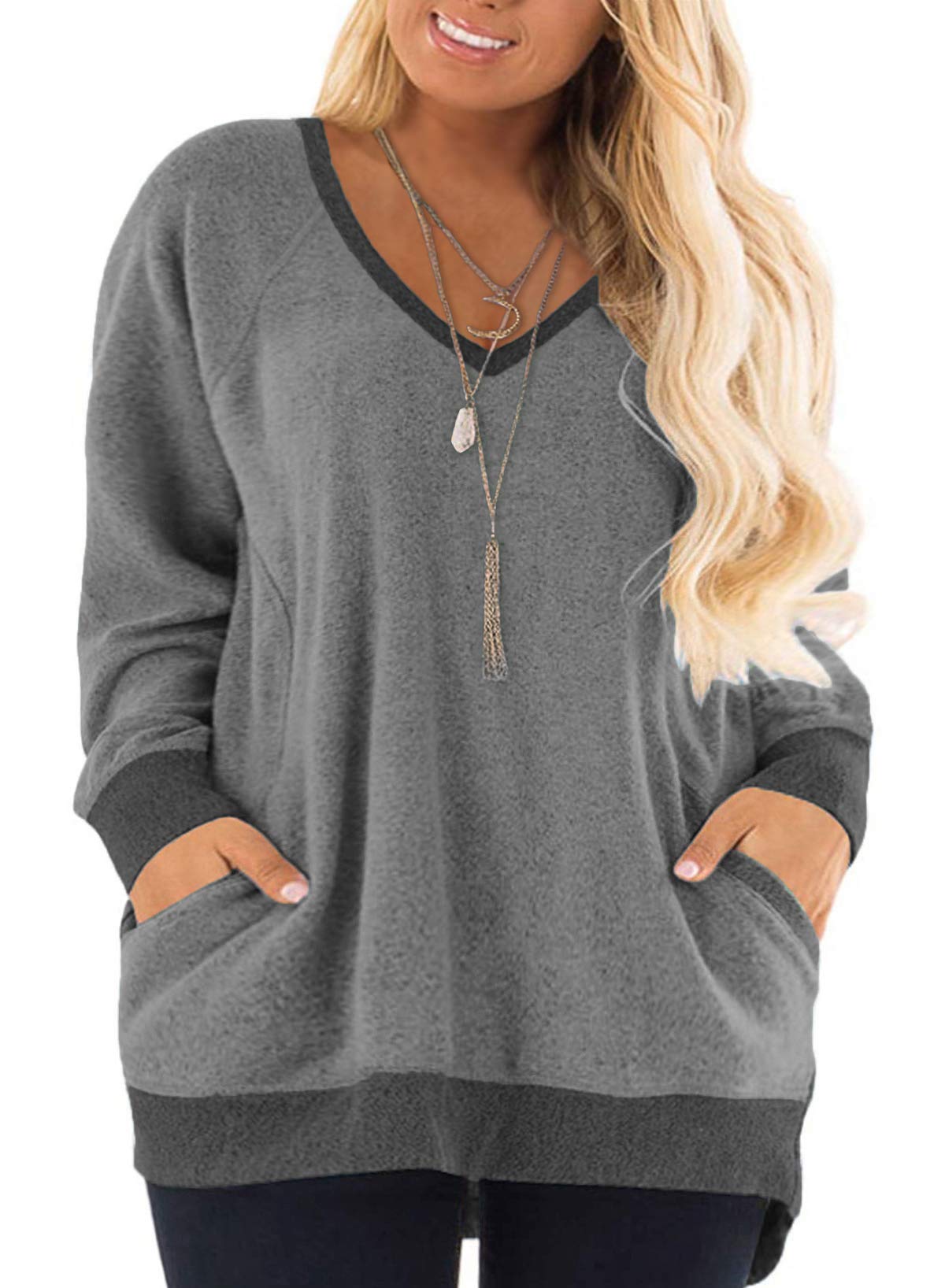 DOLNINE Women's Plus Size Color Block Long Sleeve Sweatshirt with Pocket - Cozy Casual Pullover Top for Fall Winter Outfits, Lounge Wear & Street Style Fashion
