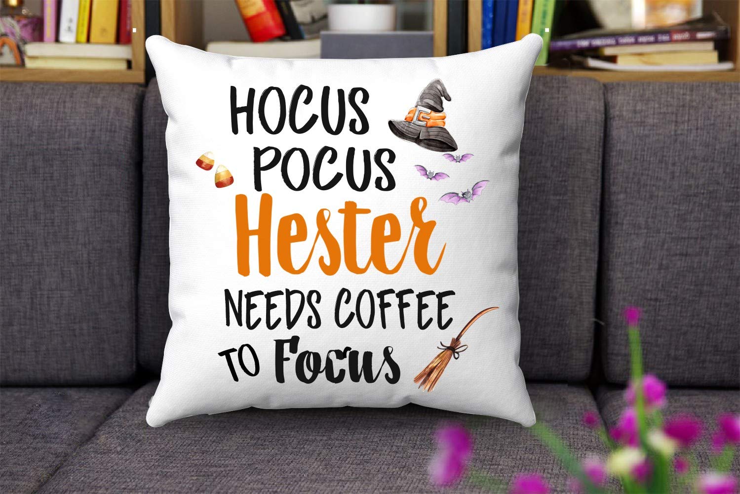 Halloween Throw Pillow Cover 18x18 - Hocus Pocus Hester Needs Coffee to Focus - Funny Halloween Decor for Home, Office, or Party - Perfect Gift for Friends & Family - Spooky Couch, Sofa, or Bed Decoration