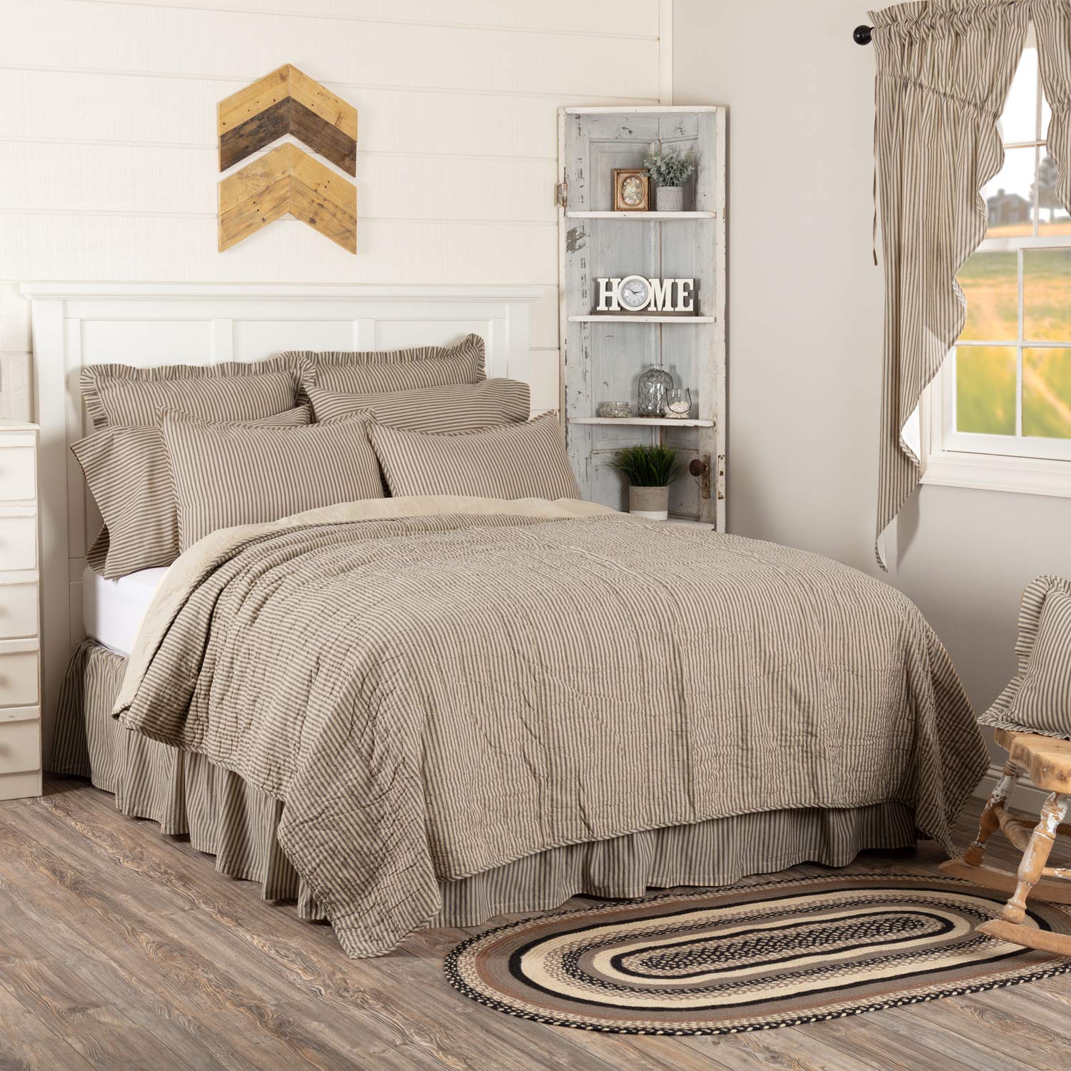 Sawyer Mill Ticking Stripe Quilt Queen Size 90x90 Inches - Charcoal Grey Cotton Bedspread for Cozy Bedroom Decor | Perfect for Guest Rooms & Master Bedrooms