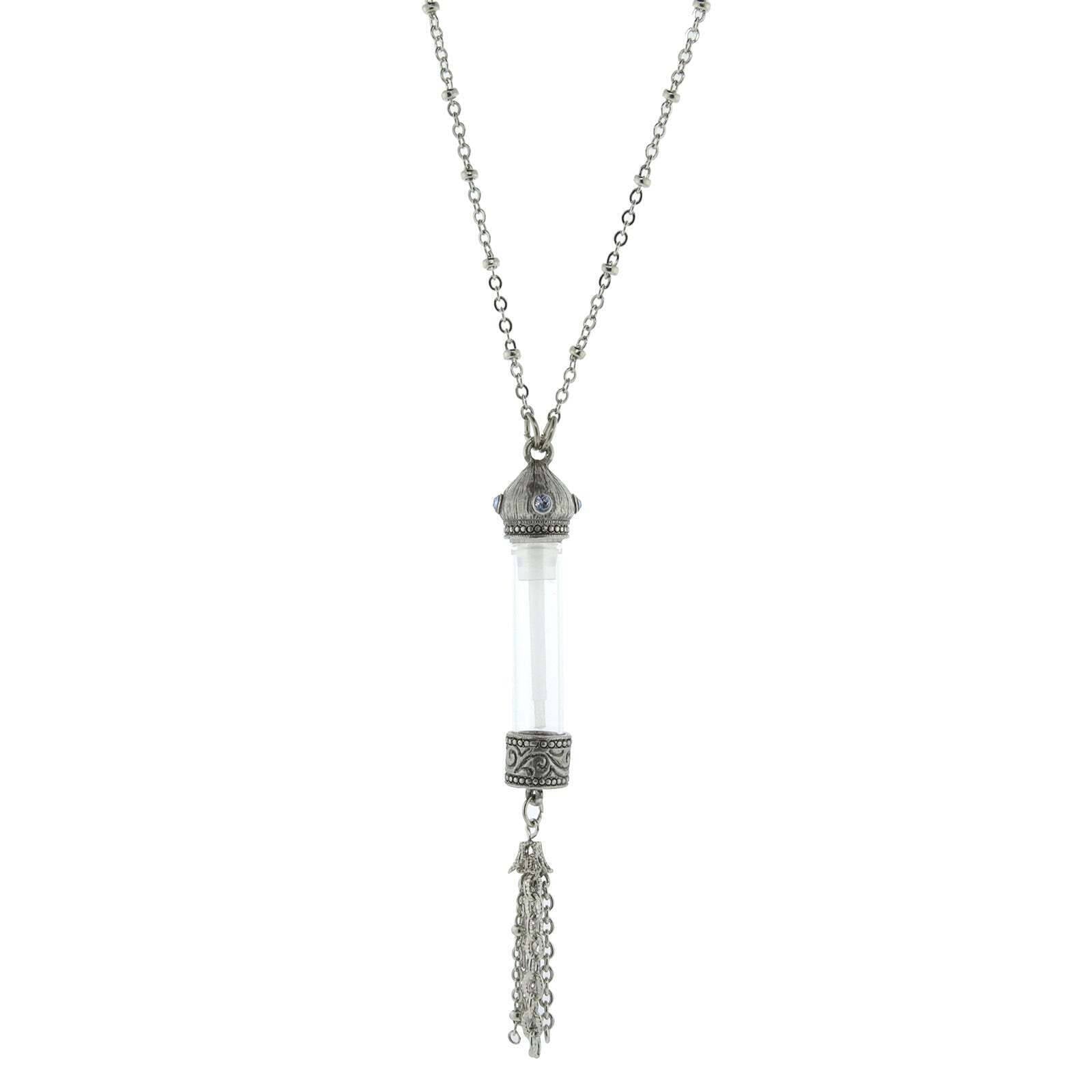 1928 Jewelry Antiqued Blue Crystal Stone Glass Vial Tassel Necklace - 30