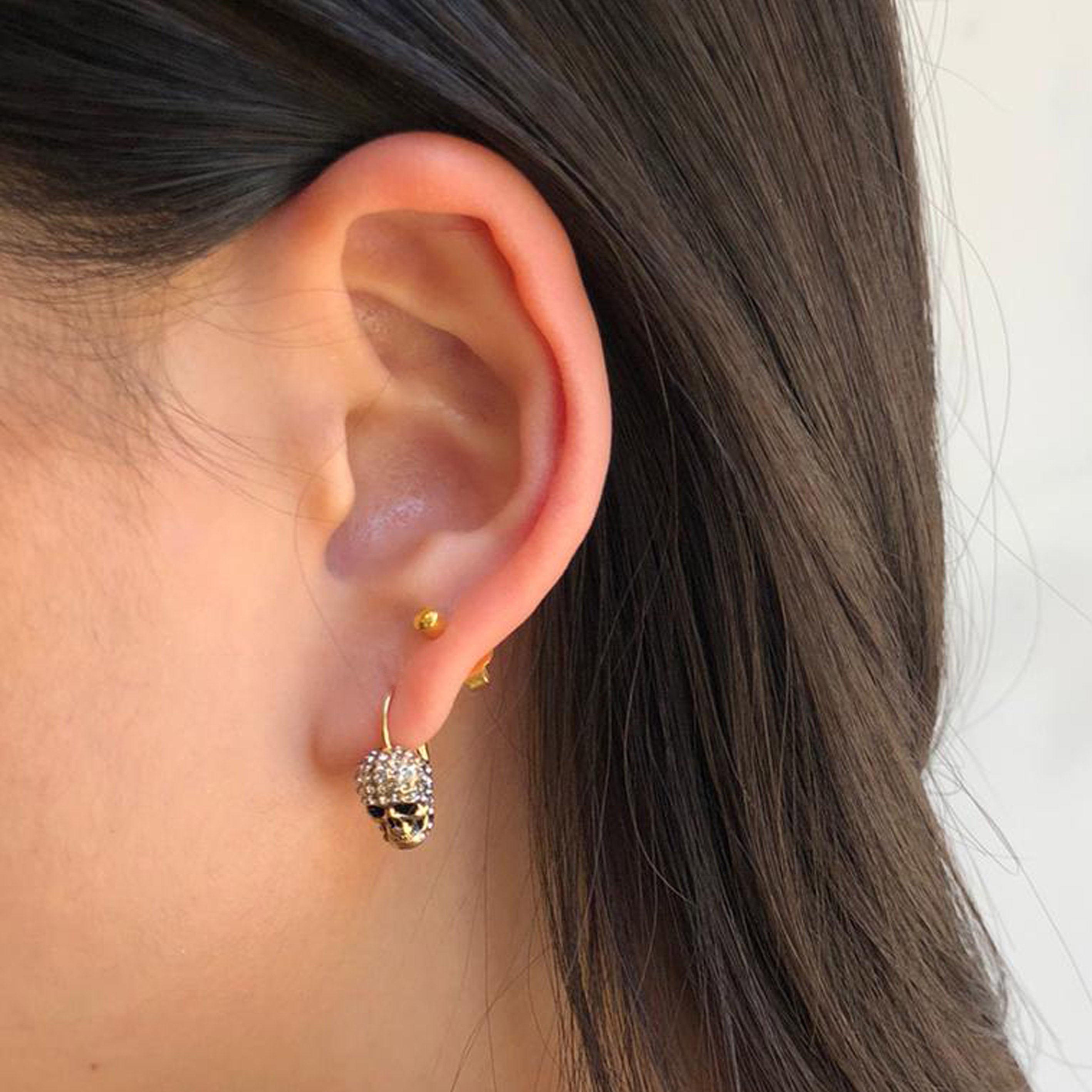 14K Gold Pave Mini Skull Hoop Earrings for Women - Gothic Punk Jewelry for Everyday Wear & Halloween Costume Accessories