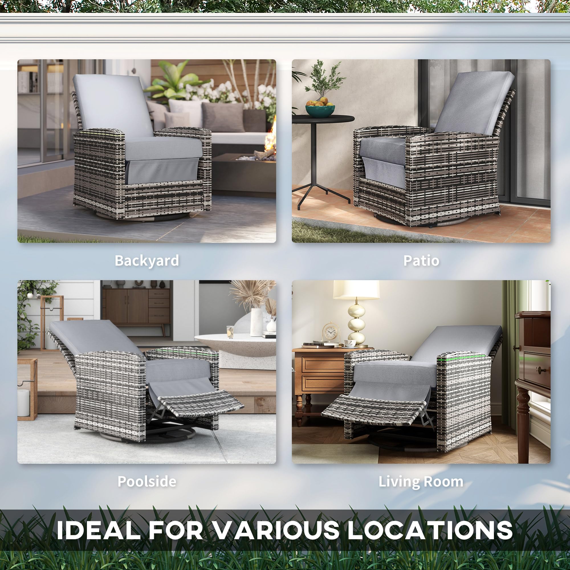 Outsunny 360° Swivel Recliner Chair with Adjustable Backrest & Footrest - Water-Resistant Gray Wicker Patio Lounge Chair for Outdoor Relaxation | Perfect for Poolside, Garden, Deck, and Backyard Lounging