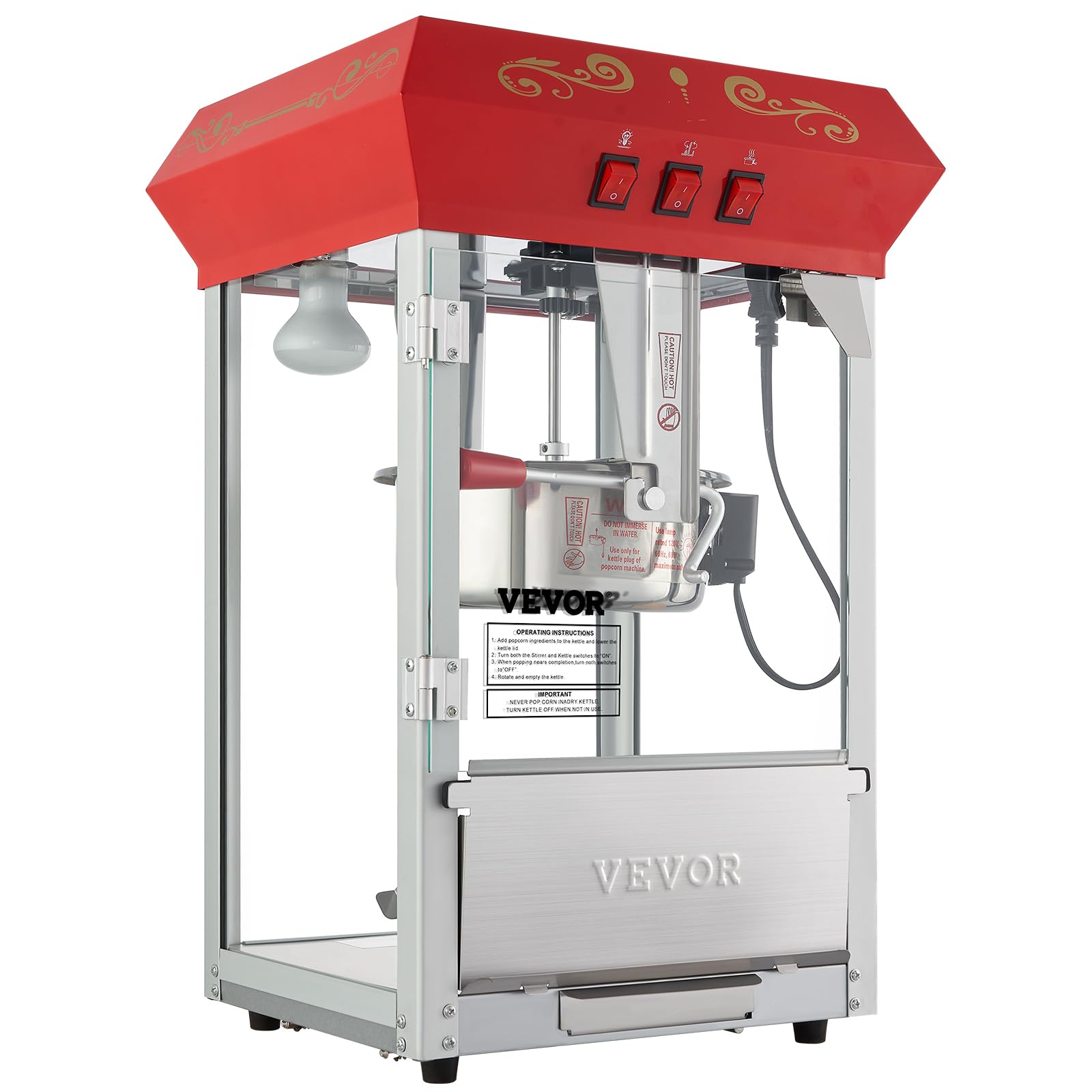 VEVOR 8 Oz Commercial Popcorn Machine - 850W Countertop Popcorn Popper Makes 48 Cups per Batch - Theater Style with 3-Switch Control, Steel Frame & Tempered Glass - Includes Scoop & Spoons (Red) - Perfect for Movie Nights, Carnivals, and Snack Bars