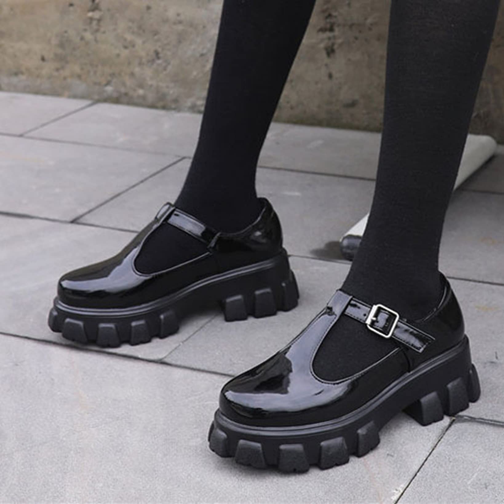 Hoxekle Women's Platform Mary Jane Shoes - Casual Synthetic Leather T-Strap Flats for Girls | Comfortable School Uniform Shoes & Everyday Wear