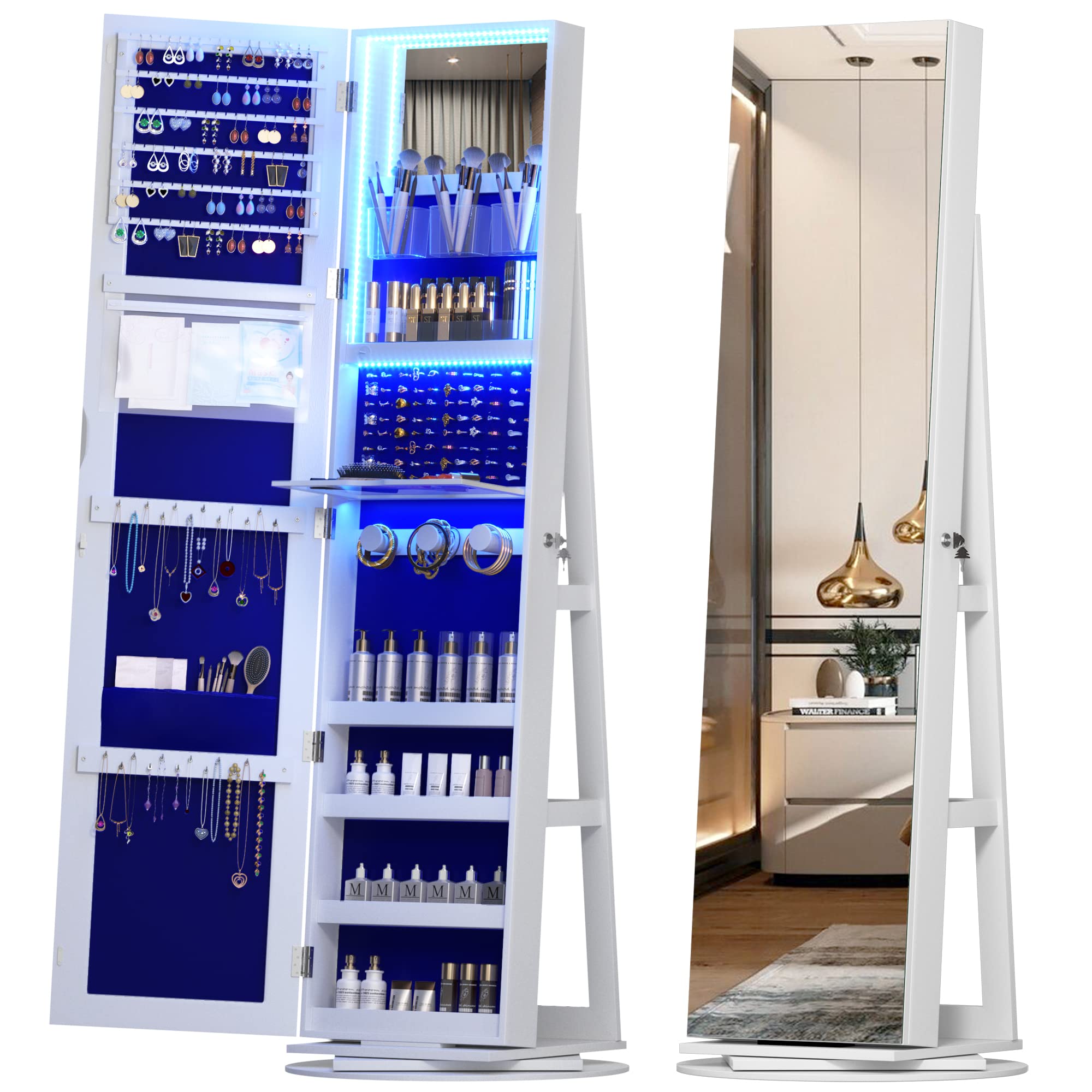 Vlsrka LED Jewelry Armoire with Full Length Mirror - 360° Rotating Standing Jewelry Cabinet with Lock, Inner Makeup Mirror & Soft Velvet Lining - Large Jewelry Organizer for Necklaces, Rings, Earrings - Perfect for Bedroom, Living Room & Dressing Room Decor