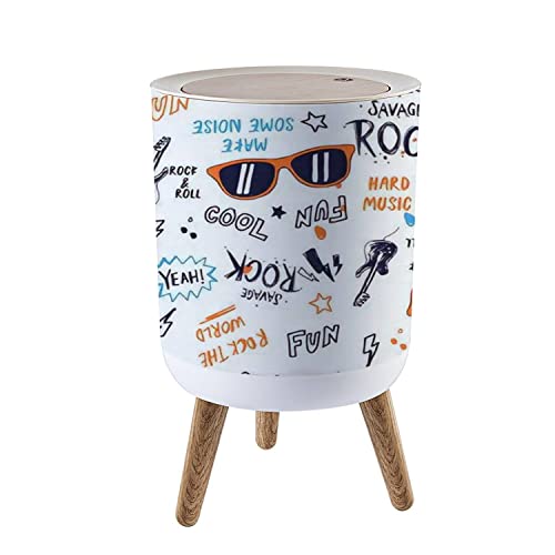Rock Music Themed Small Trash Can with Lid - Wooden Legs Press Cover Round Waste Bin for Kitchen, Bathroom, Bedroom & Office | Perfect for Music Lovers' Spaces & Home Decor