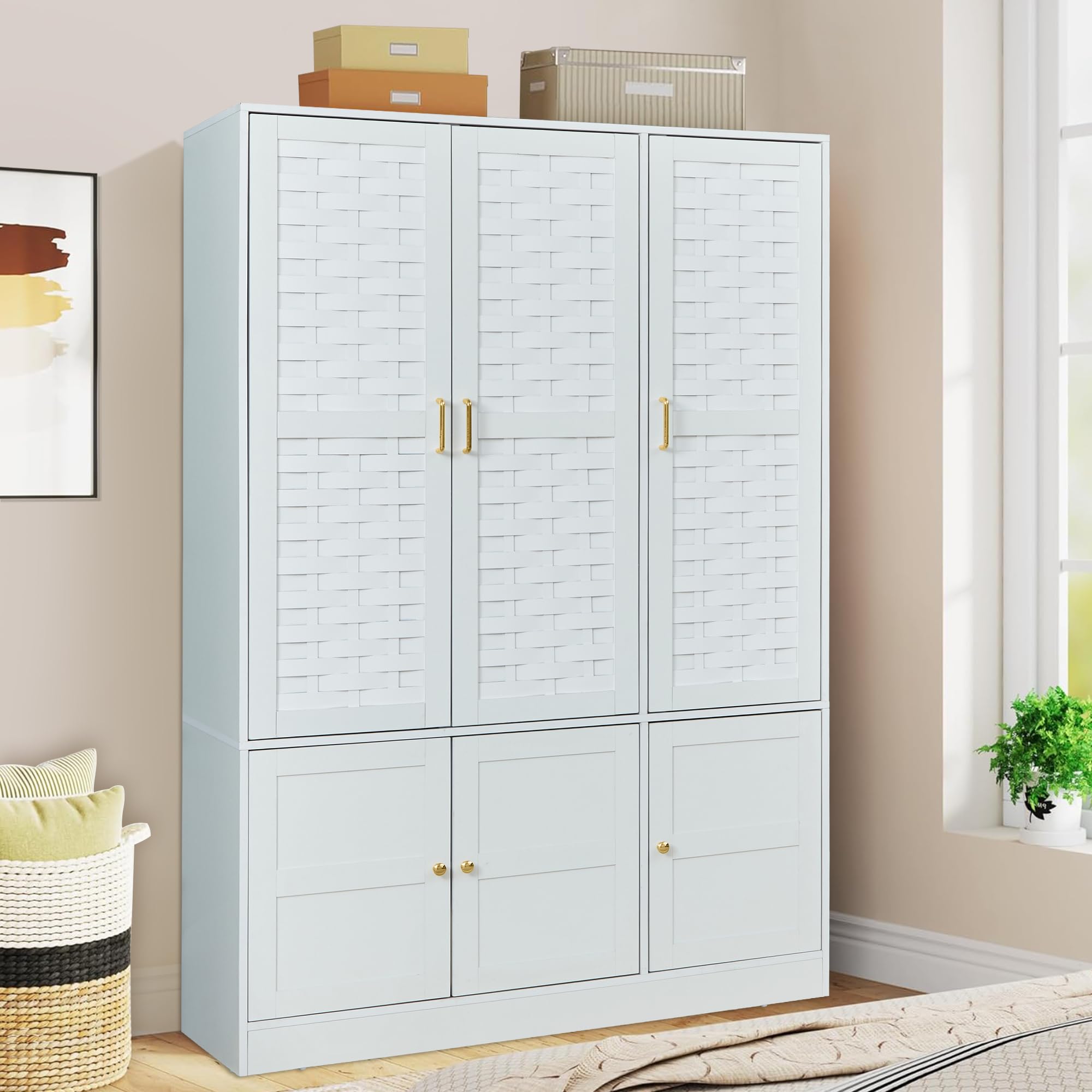 LEVNARY 6-Door Woven Wardrobe Closet - White Freestanding Armoire Cabinet with Adjustable Shelves & Hanging Rail | High Capacity Storage Organizer for Bedroom, Closet & Dorm Room Organization