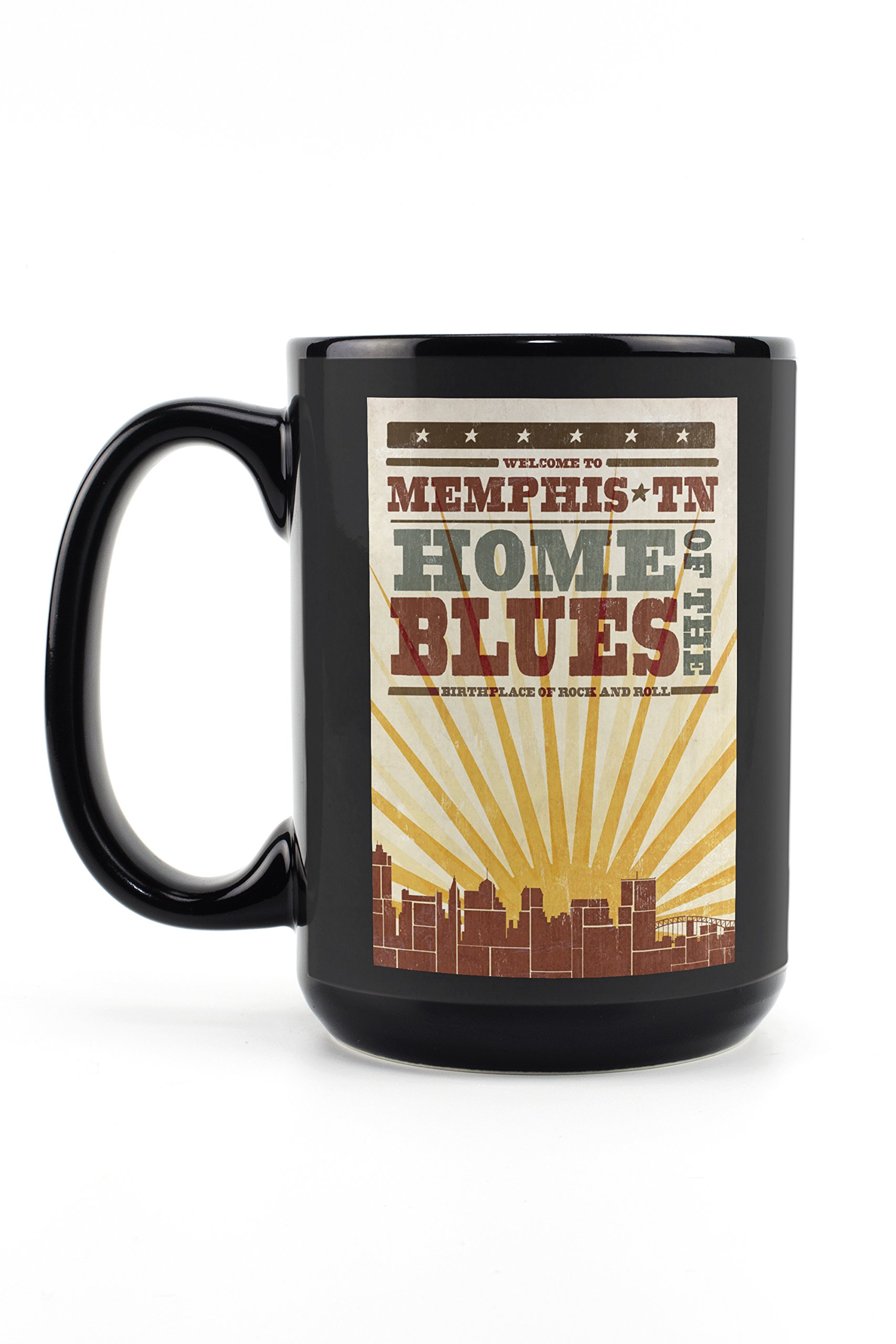 Lantern Press Memphis Tennessee Skyline & Sunburst Screenprint Style 15oz Black Ceramic Coffee Mug - Microwave & Dishwasher Safe - Perfect for Home, Office & Gift Giving