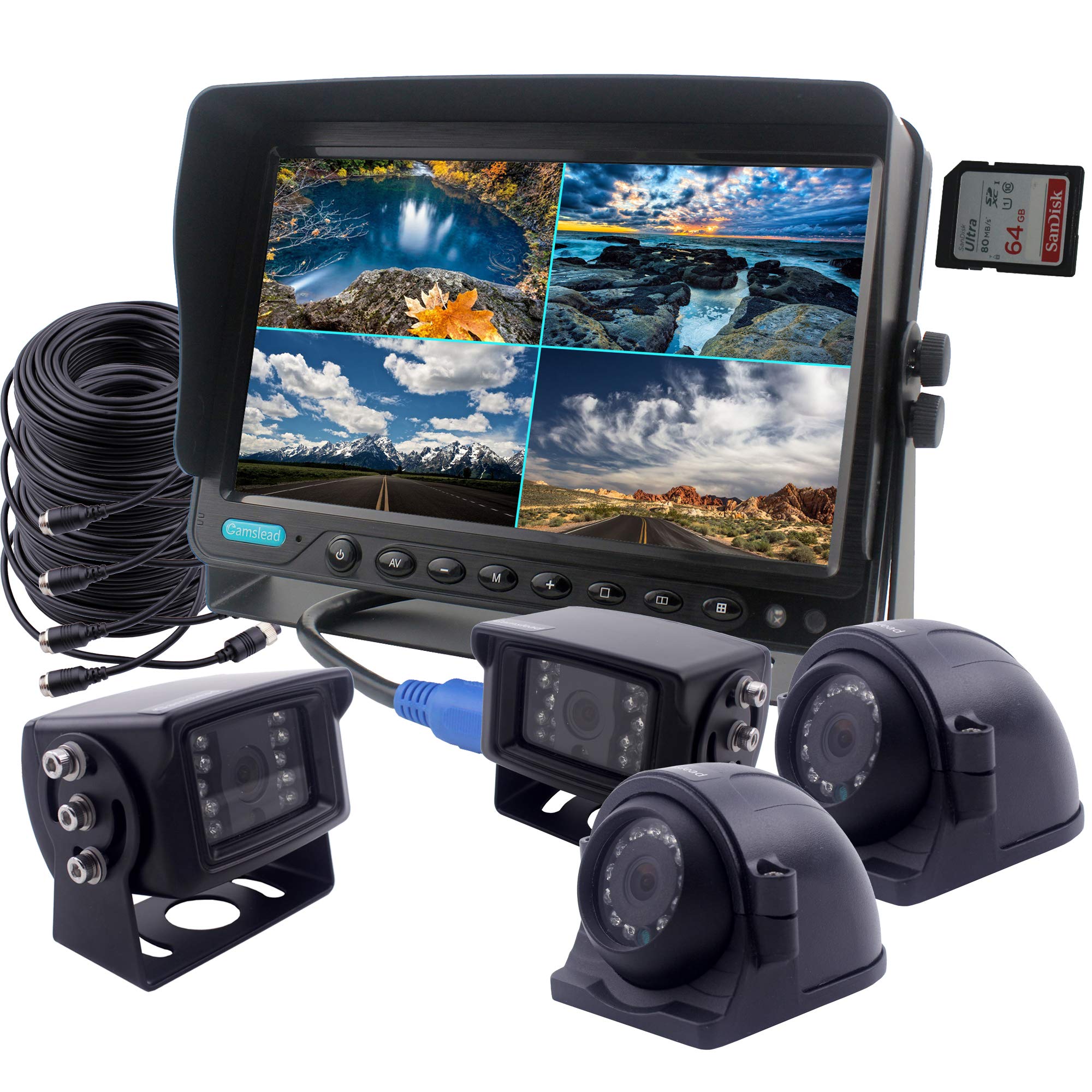 CAMSLEAD 9 Inch Car Backup Camera System with DVR Recorder, Quad Split Screen, Rear View & Side Cameras - High Hardness & Earthquake-Resistant for Trucks, Vans, Caravans - Perfect for Parking, Reversing & Blind Spot Monitoring