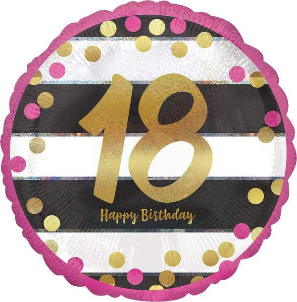 45cm Standard Holographic Pink & Gold Milestone 18 Balloon - Perfect for Birthday Parties, Anniversary Celebrations & Baby Showers