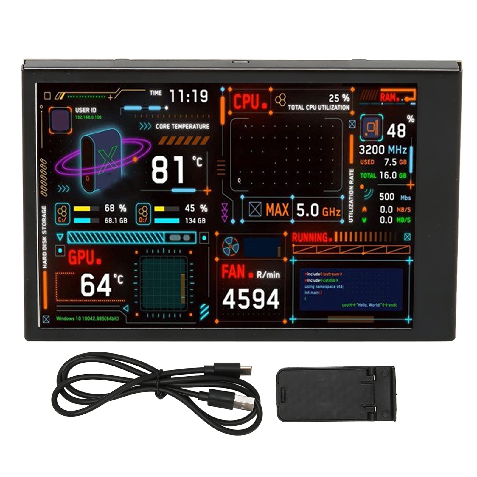 ZJchao 3.5 Inch IPS Computer CPU Temperature Monitor with Dimmable Display, Dual USB-C Ports & Customizable Theme Editor - Real-Time PC Performance Tracking for Gaming, Workstations & Home Office Setups