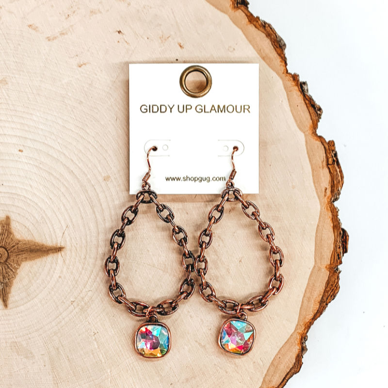 Elegant Copper Tone Chain Teardrop Dangle Earrings with Sparkling AB Cushion Cut Crystals - Perfect for Parties, Weddings & Evening Events