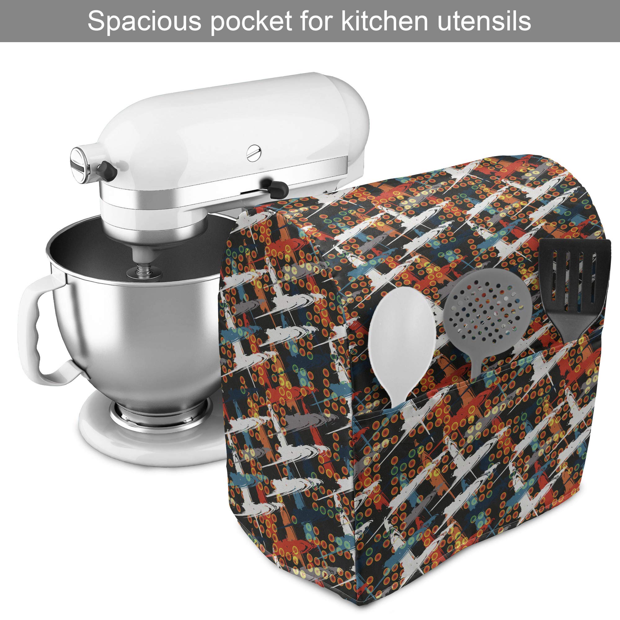 Ambesonne Abstract Stand Mixer Cover - Warm Colored Brush Marks with Dots & Diagonal Stripes on Dark Backdrop - 6-8 Quart Kitchen Appliance Organizer with Pocket - Perfect for Baking & Kitchen Organization (Multicolor)