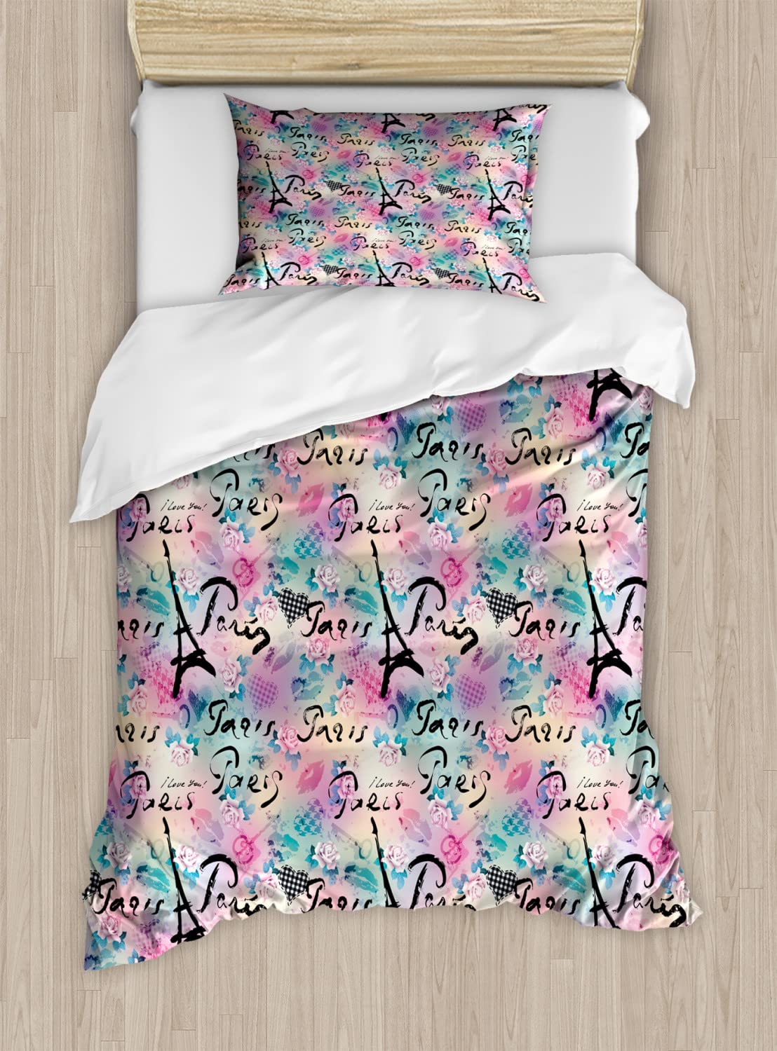 Ambesonne Paris Duvet Cover Set - French Floral Rose Checkered Hearts Design, Romantic Love Theme Bedding Set | Includes 2 Duvet Covers & 4 Pillowcases | Queen Size 2-Pack in Pale Green & Sea Green | Perfect for Master Bedroom, Guest Room & Romantic Getaways