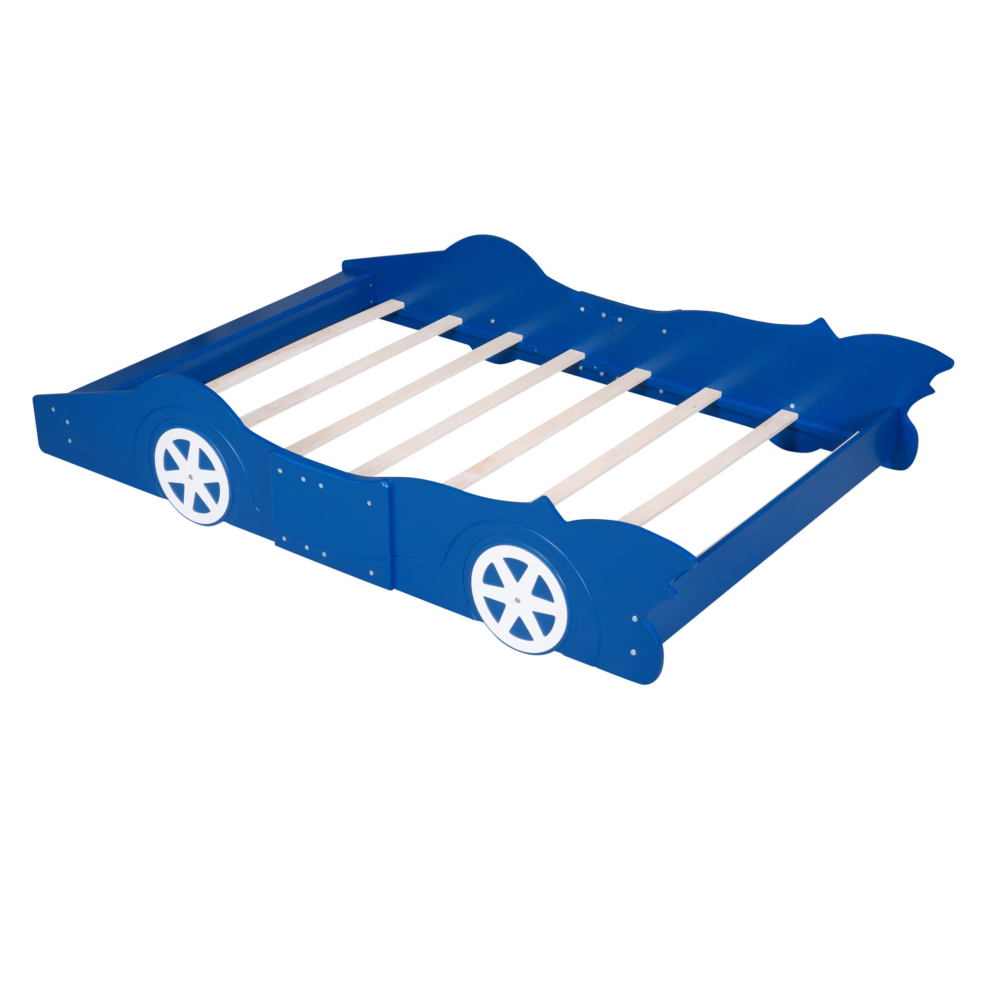 Full Size Race Car Bed for Boys - Wooden Car-Shaped Bed Frame with Wheels & Slat Support - Blue Kids Bedroom Furniture for Playrooms & Sleepovers