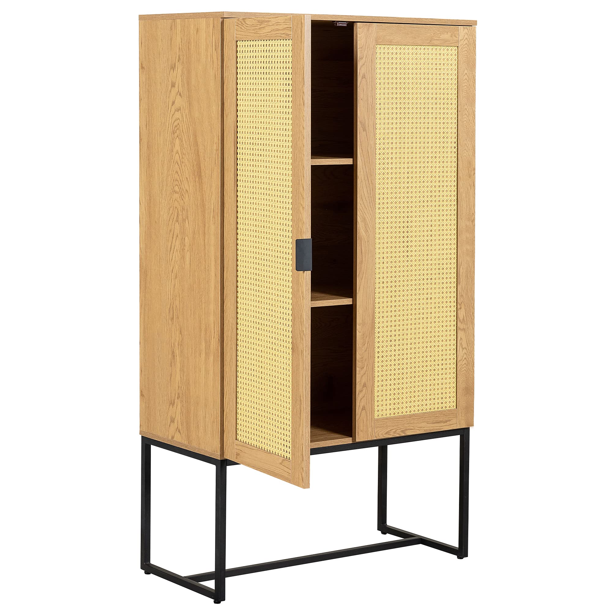Henf 63'' Accent Cabinet with Rattan Doors - Kitchen Storage Buffet, Liquor Cabinet & Dining Room Sideboard for Hallway, Bedroom & Living Room | Natural Wood Console Table for Home Decor