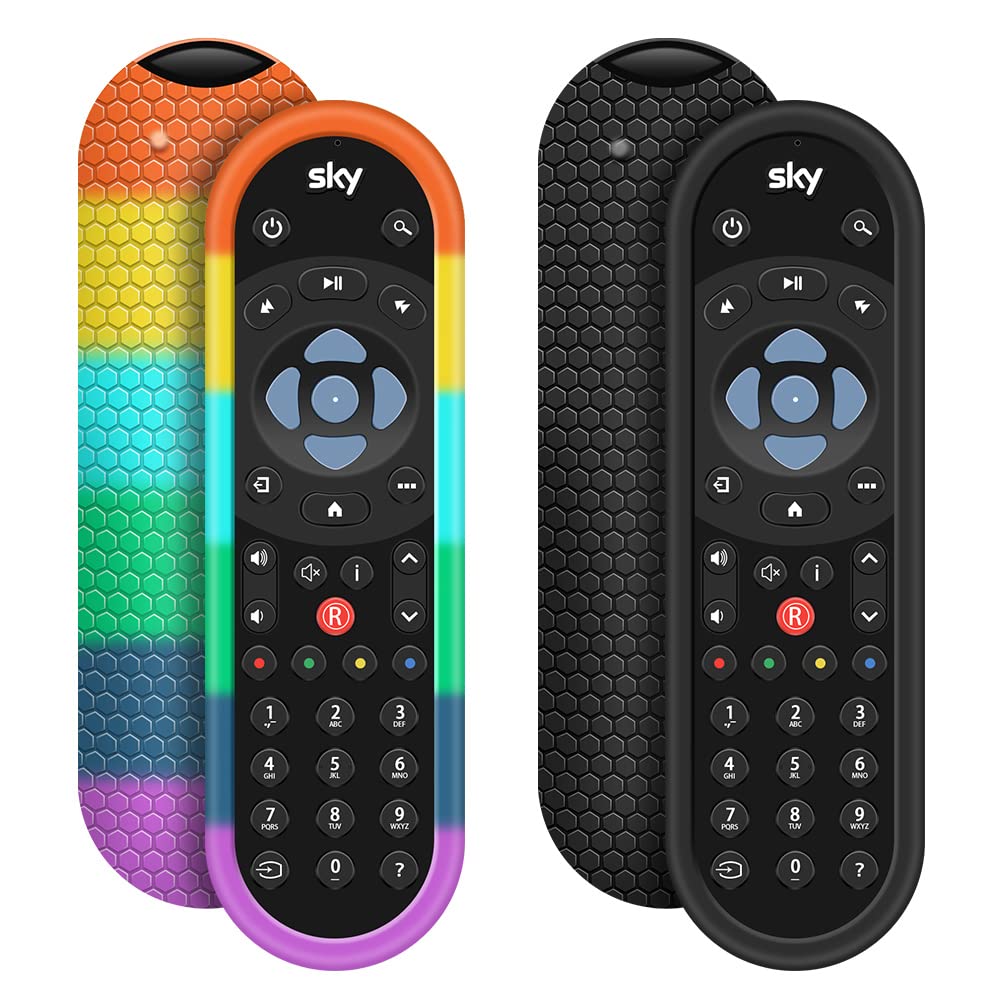 2 Pack Silicone Protective Cover for Sky Q Voice Remote Control SKY135 & Sky Glass Remote - Durable Skin Case for Touch & Non-Touch Remotes (Black + Rainbow) - Perfect for Home Entertainment & TV Accessories Protection