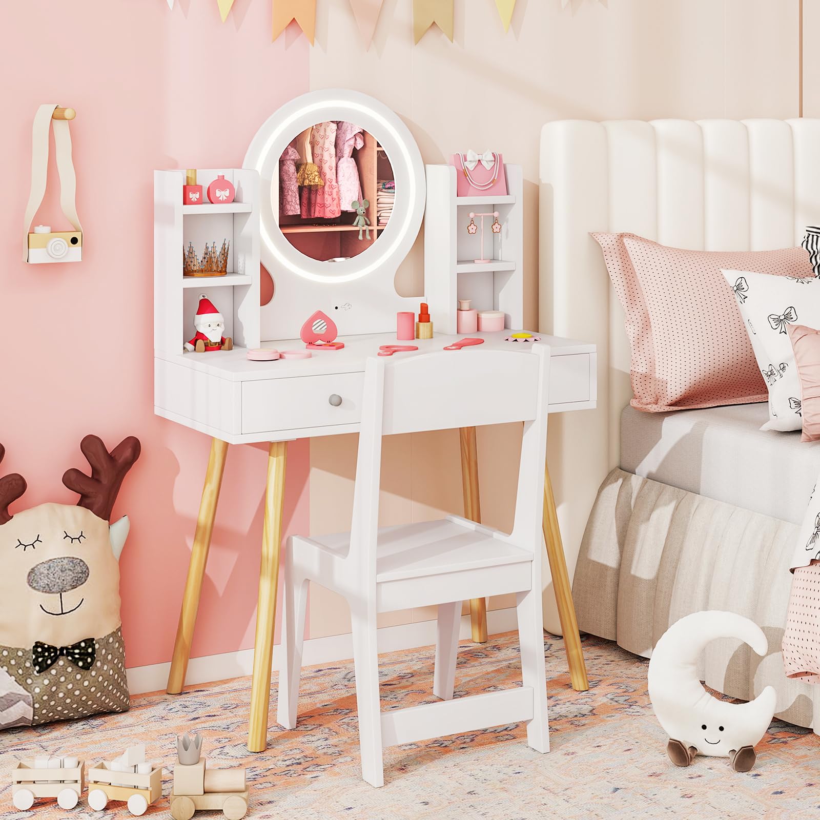 Costzon Kids Vanity Set with Mirror, Stool & LED Lights - Wooden Toddler Makeup Dressing Table with Storage Drawers & Shelves - Pretend Play Vanity Desk & Chair for Girls (White) - Perfect for Birthday Gifts, Bedroom Decor & Role Play Activities