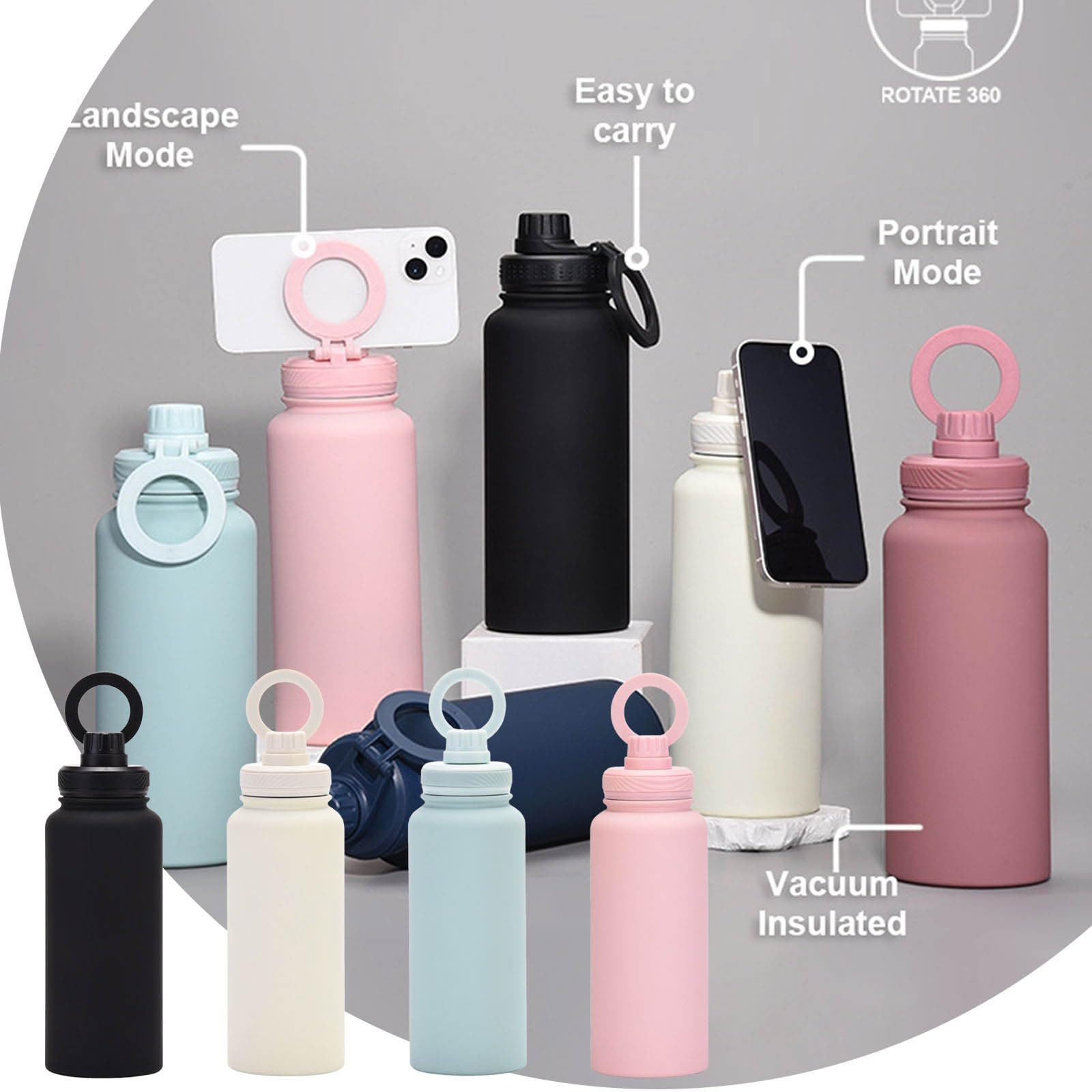 Premium Stainless Steel Insulated Water Bottle with Magnetic Phone Tripod Mount - 24oz Vacuum Flask with Adjustable Phone Holder & Leakproof Lid - Perfect for Gym, Hiking, Camping & Outdoor Activities (Black)