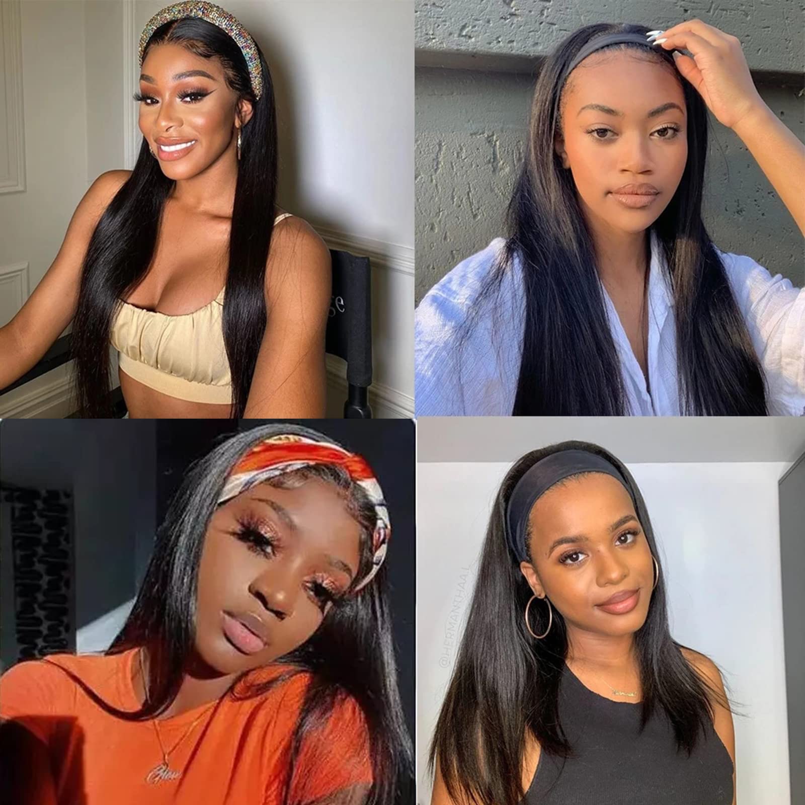 ISEE 10A Headband Wig Straight Human Hair Wigs for Black Women - 180% Density Brazilian Virgin Hair Machine Made Headband Wig, Non Lace Front Human Hair Wigs 24 Inch - Perfect for Daily Wear, Parties, and Special Occasions