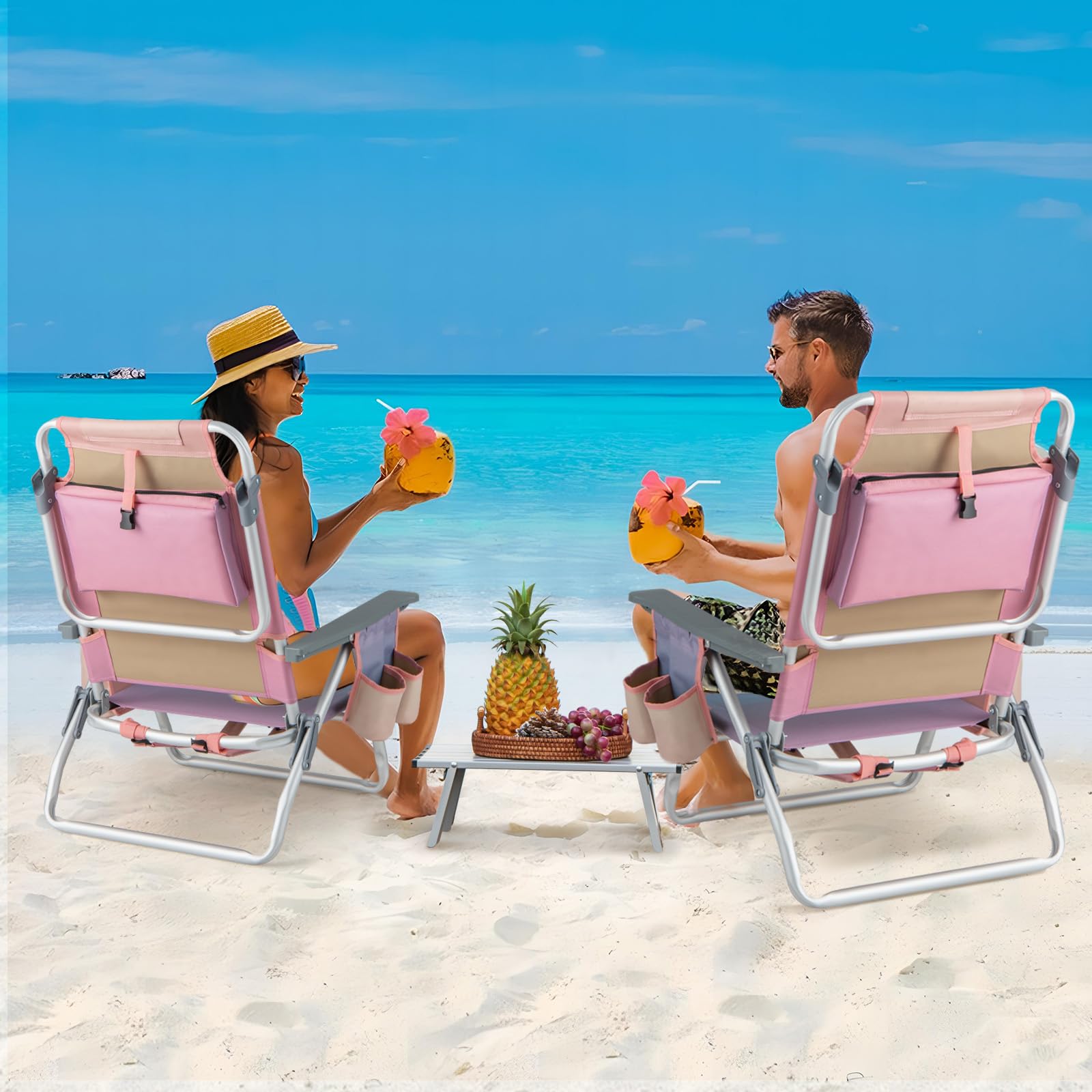 GYMAX 2-Pack Portable Beach Chairs with Cooler Bag & Cup Holder - Lightweight Folding Camping Chairs with Armrests, Towel Bar & Side Pockets for Outdoor, Backyard, Pool Party, Beach Sunbathing (Pink)