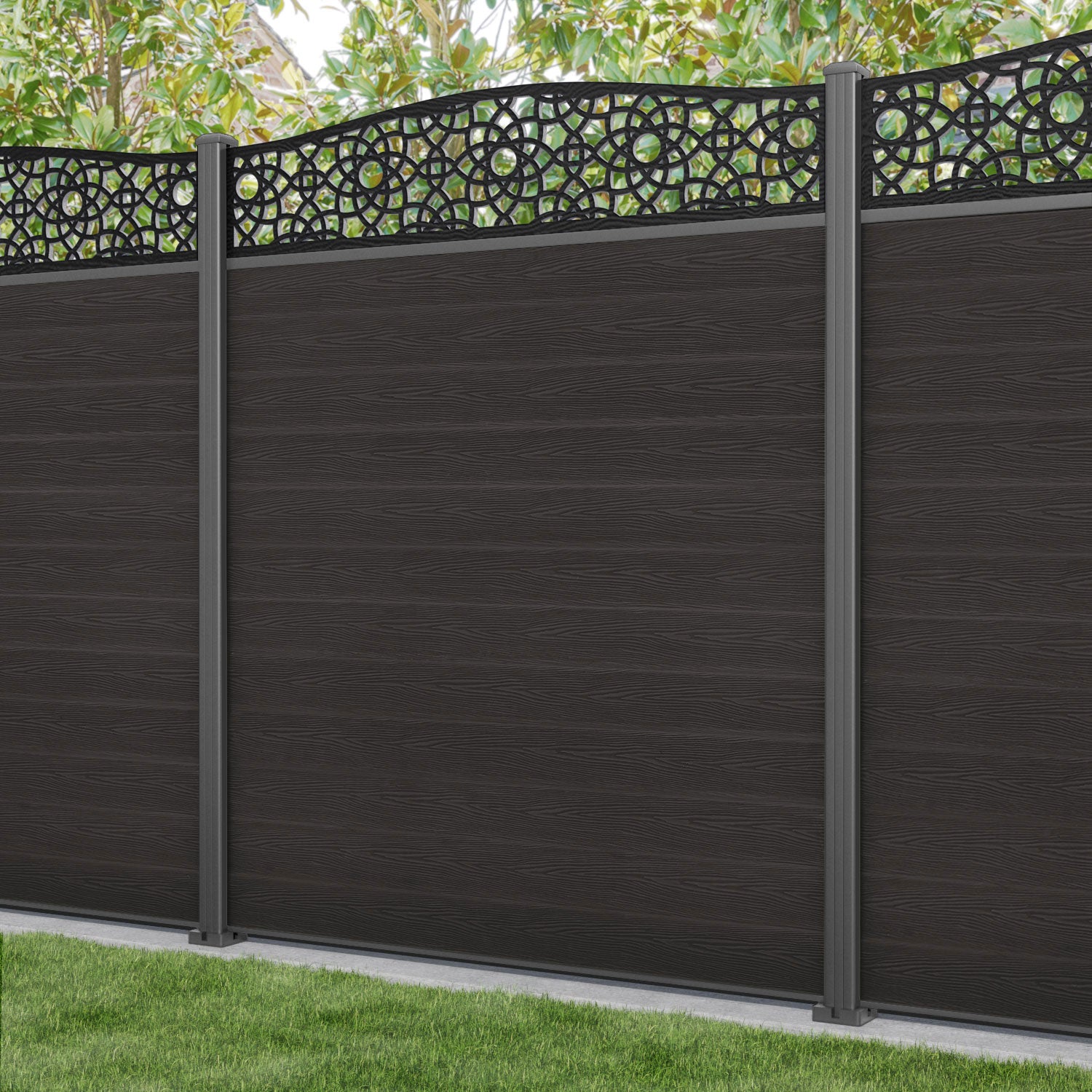 Dark Oak Classic Ambar Curved Top Fence Panel with Aluminum Posts - Perfect for Garden, Backyard, and Privacy Fencing