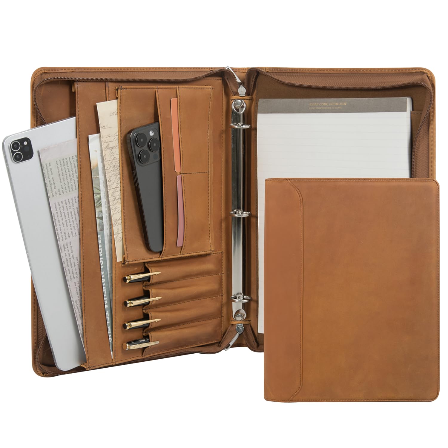 Premium Genuine Leather Business Portfolio for Men - Professional Zippered Padfolio Organizer with 3-Ring Binder, Pen Holder & Card Slots | Perfect for iPad & Kindle Fire | Ideal for Office Meetings, Business Travel & Presentations