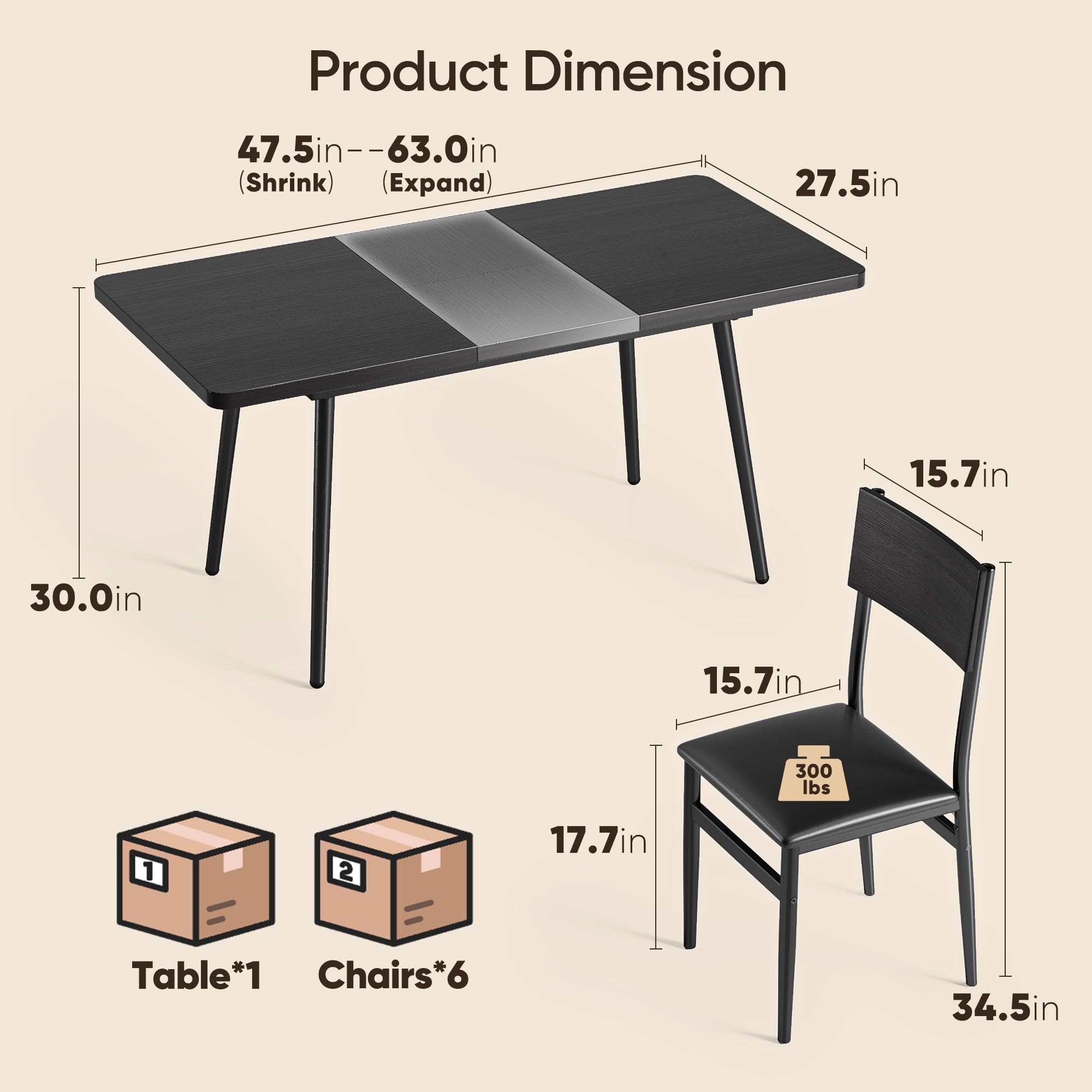 Ahomly 7-Piece Extendable Dining Table Set with 6 Padded Chairs, 63
