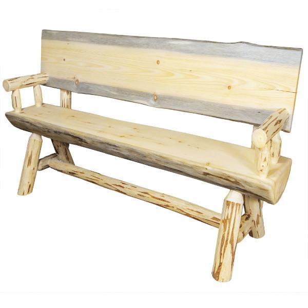 Montana Half Log Bench with Back & Arms - Rustic Outdoor Wooden Bench for Patio, Garden, and Backyard - Perfect for Relaxing, Camping, and Picnics