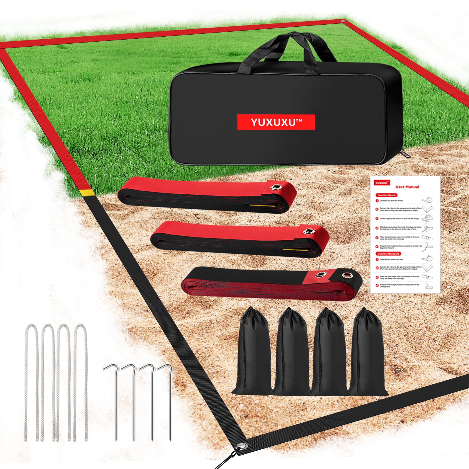 Premium 2-Inch Beach Volleyball Boundary Lines - High Visibility All-Weather Sand Court Markers with Stainless Steel Anchors & Sand Bags (Official 30'x60' & Short 26.3'x52.6' Court Sizes) - Perfect for Backyard Games, Tournaments & Beach Resorts