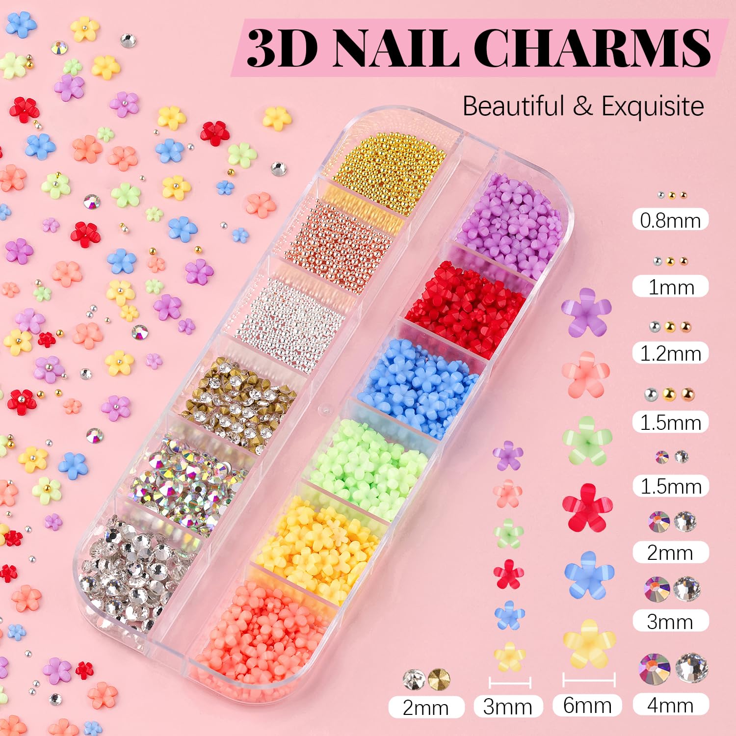 3D Nail Charms Kit with Rhinestones, AB Gems, Caviar Beads & Flatback Pearls - UV Curing Glue Gel & Dotting Tools Included - Perfect for DIY Manicure, Nail Art Designs & Salon Professional Use