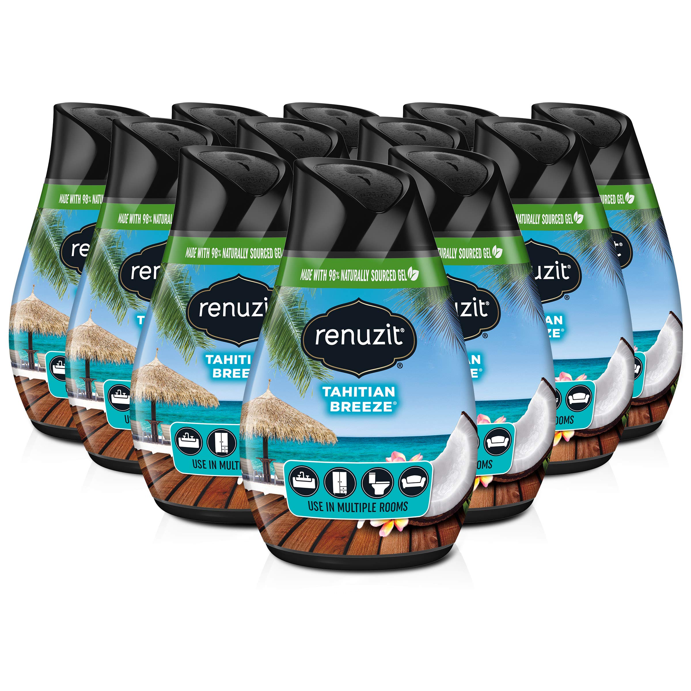 Renuzit Gel Air Freshener 3-Pack (12 Count Total) - Tahitian Breeze Scent for Home, Office & Bathroom | Long-Lasting Odor Eliminator & Room Deodorizer